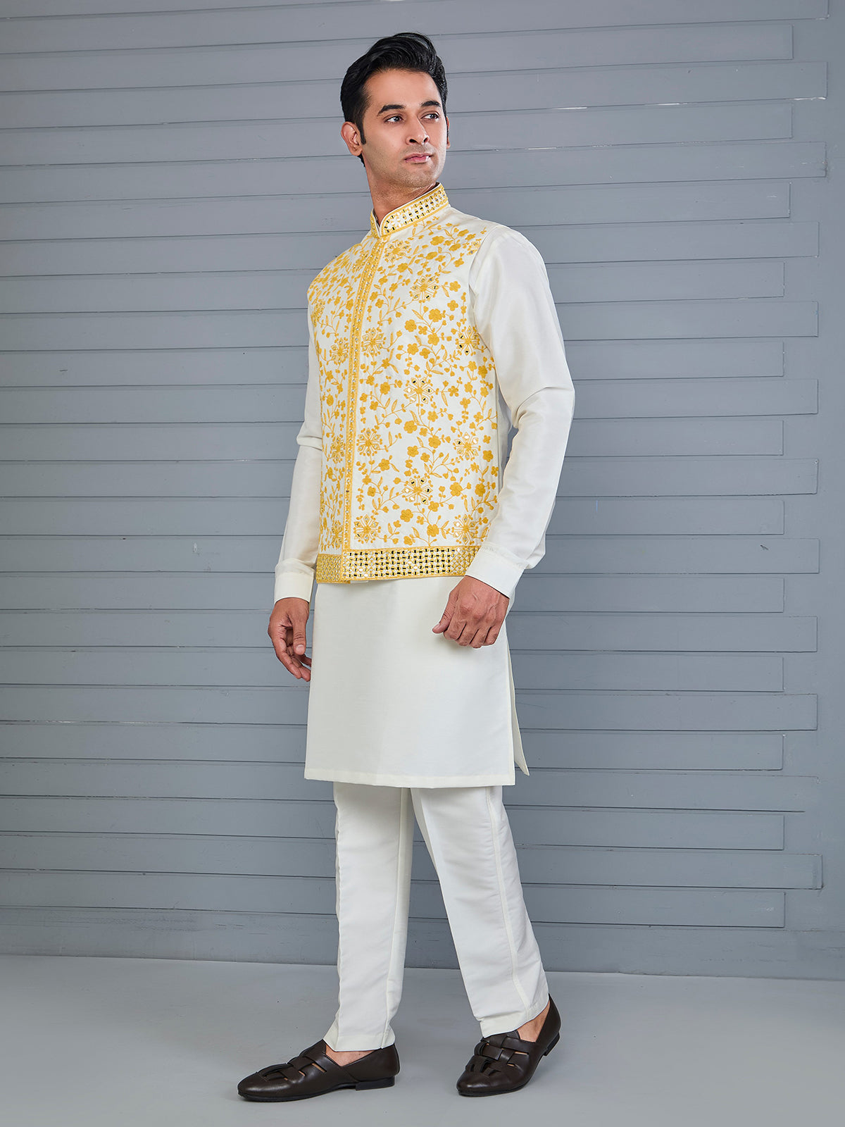 Yellow and off white silk festive waistcoat set