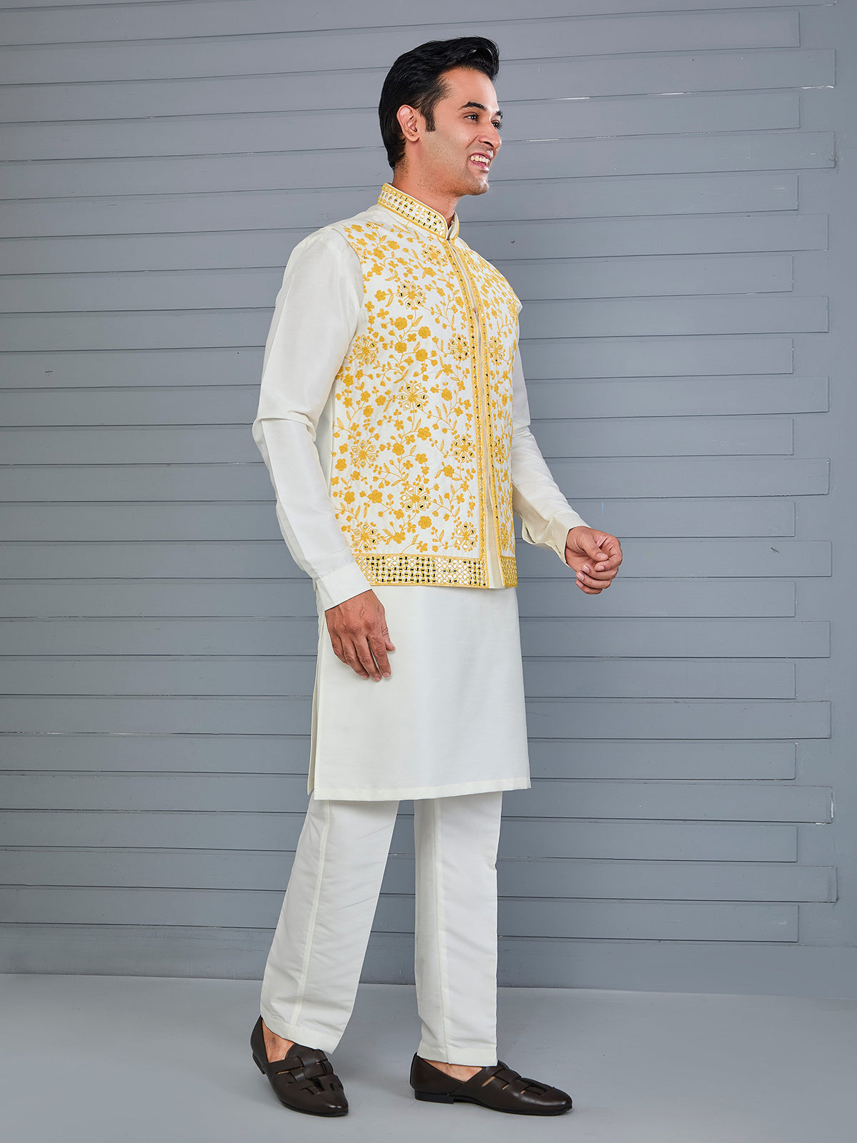 Yellow and off white silk festive waistcoat set