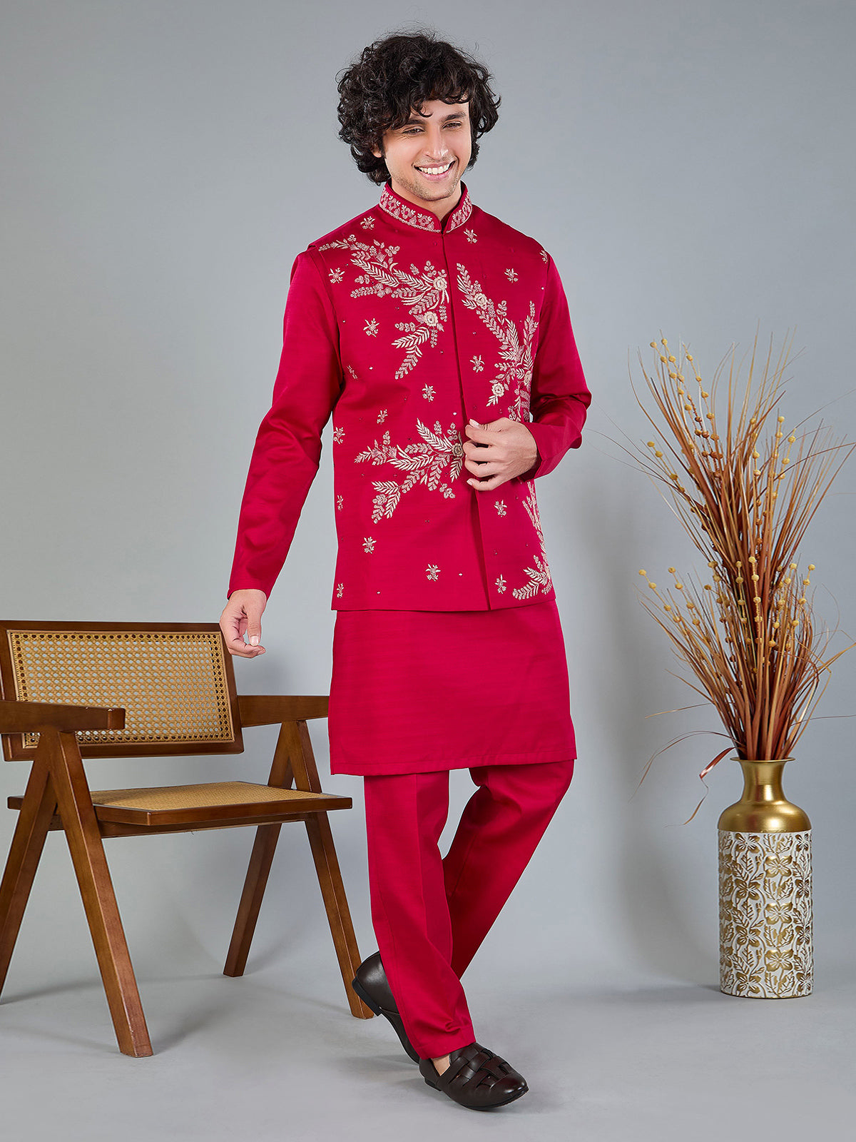 Magenta silk heavy embellished waistcoat set