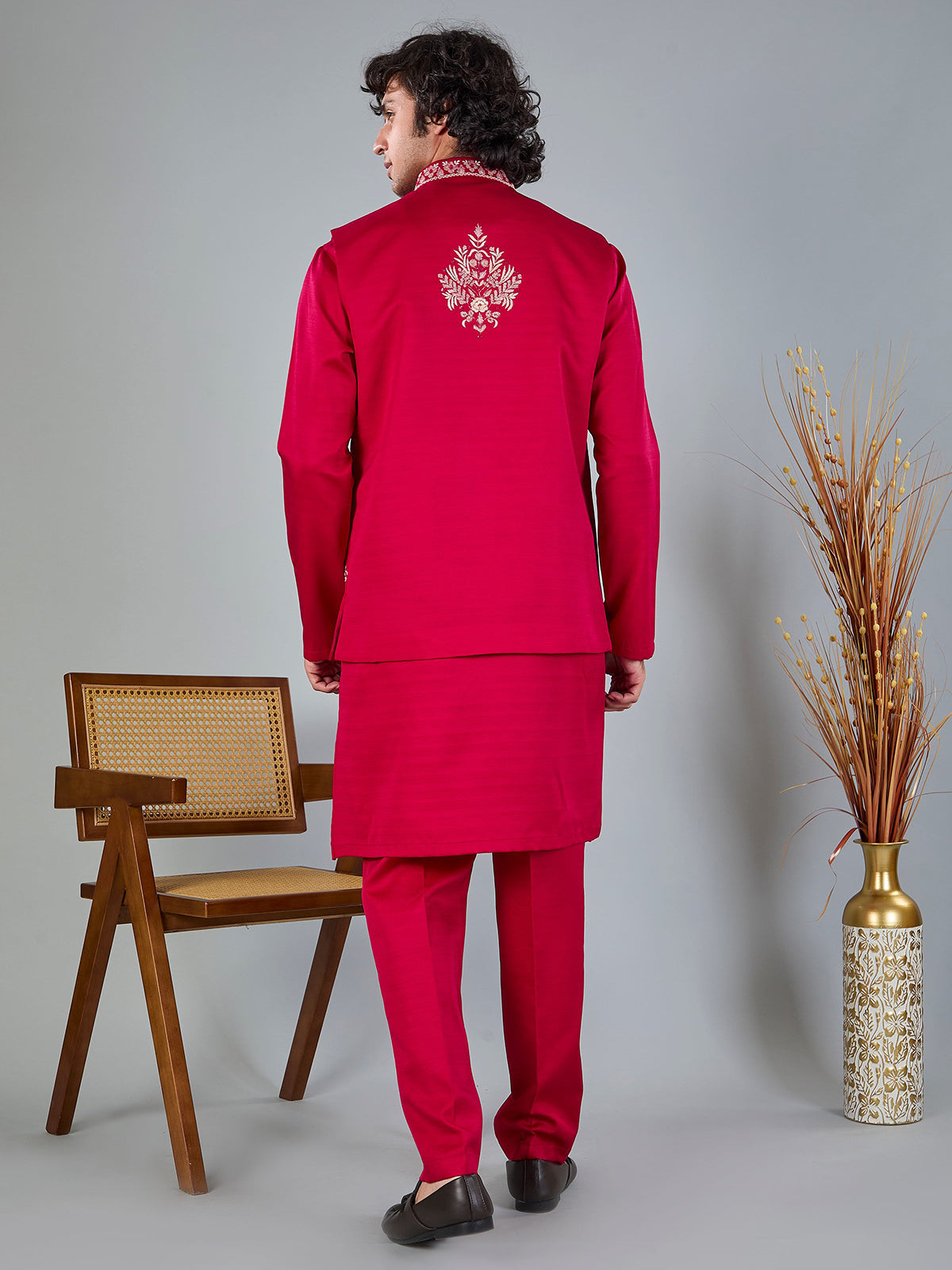 Magenta silk heavy embellished waistcoat set