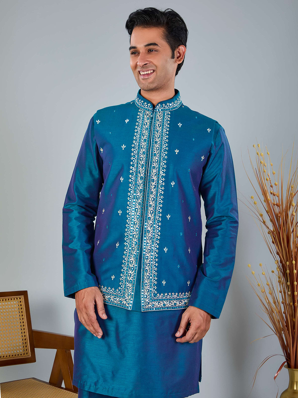 Blue silk embroidered work waistcoat set
