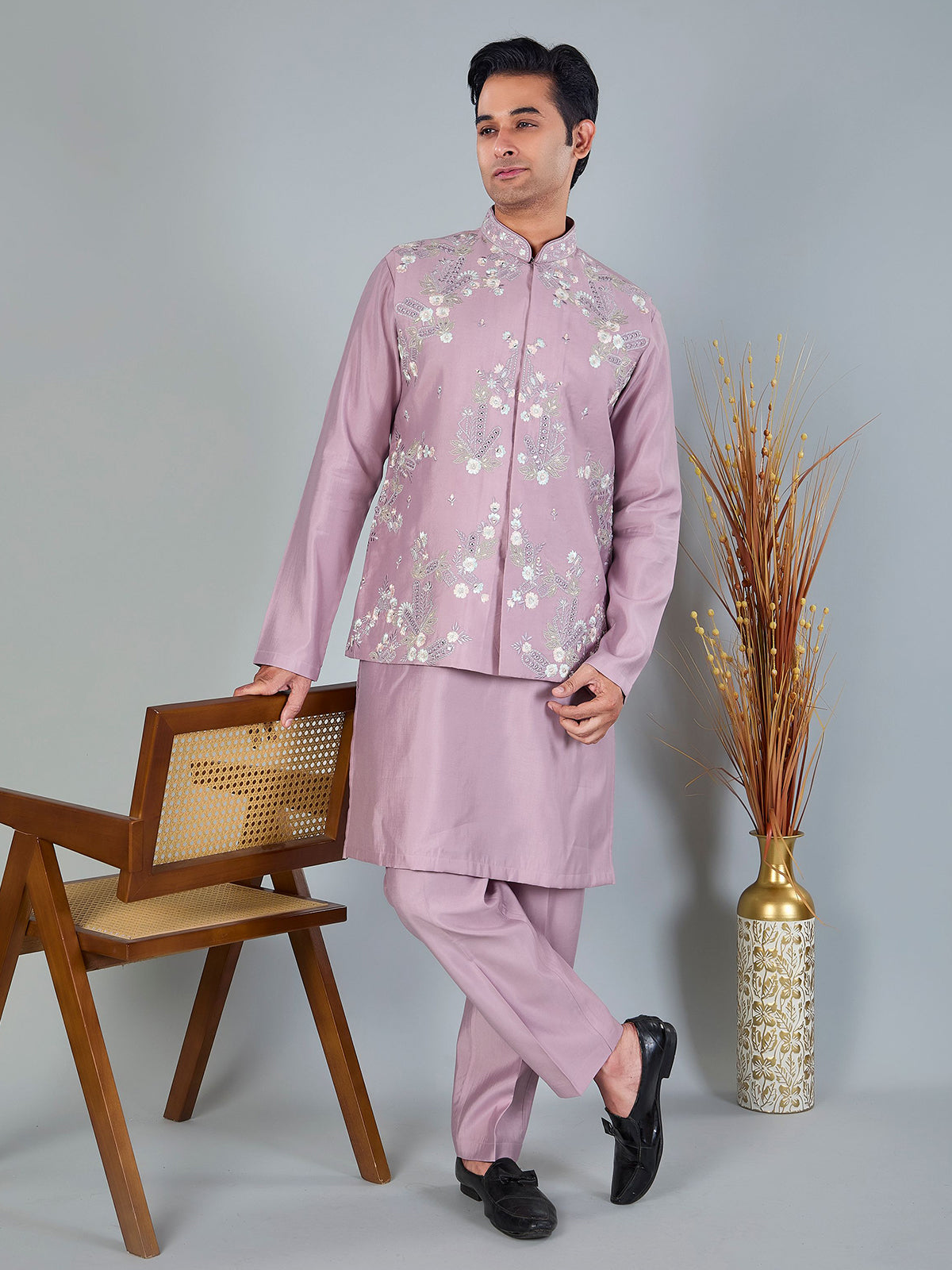 Onion pink silk embroidered work waistcoat set