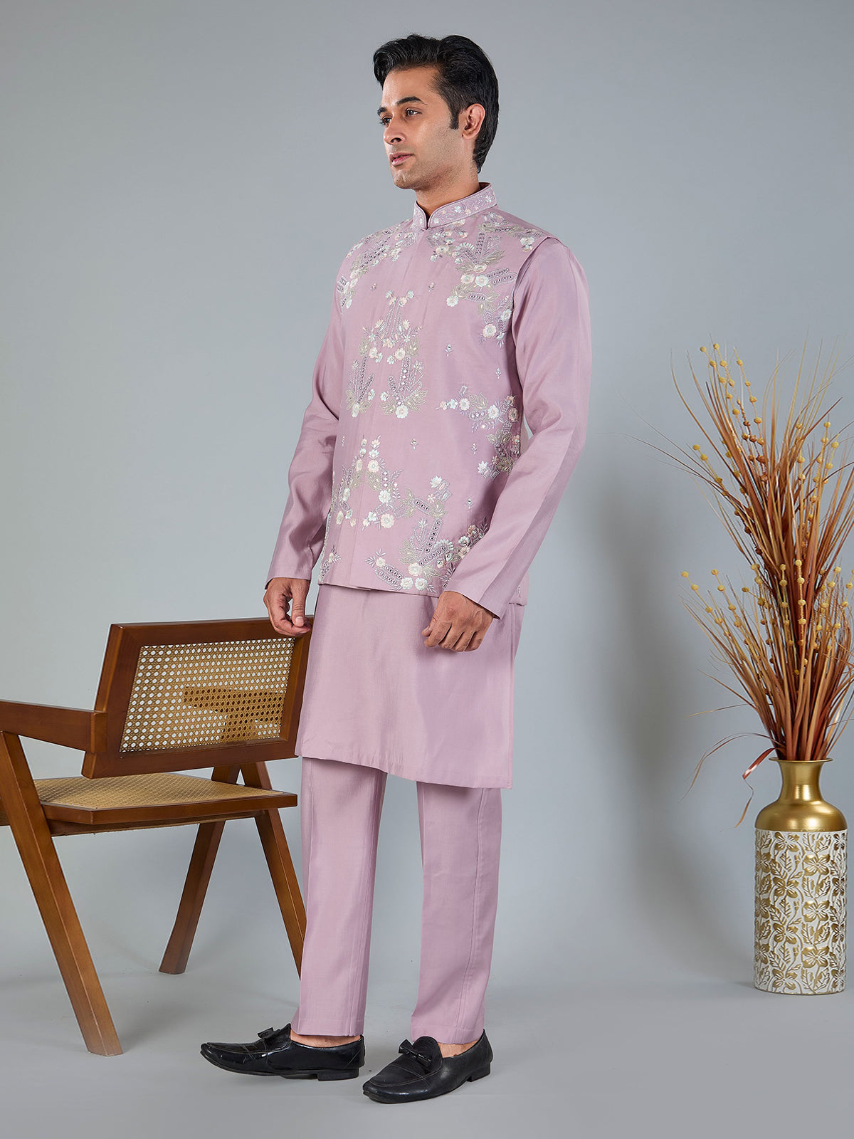 Onion pink silk embroidered work waistcoat set