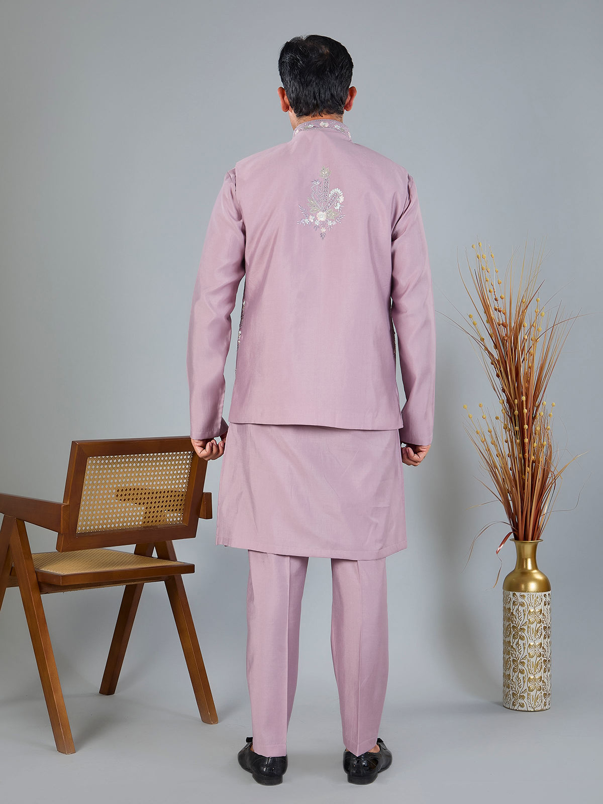 Onion pink silk embroidered work waistcoat set