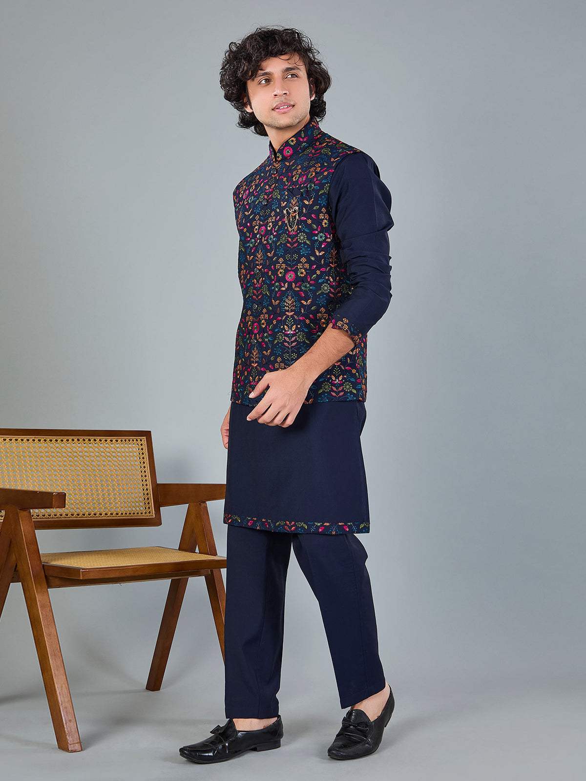 Navy blue silk embroidered work waistcoat set