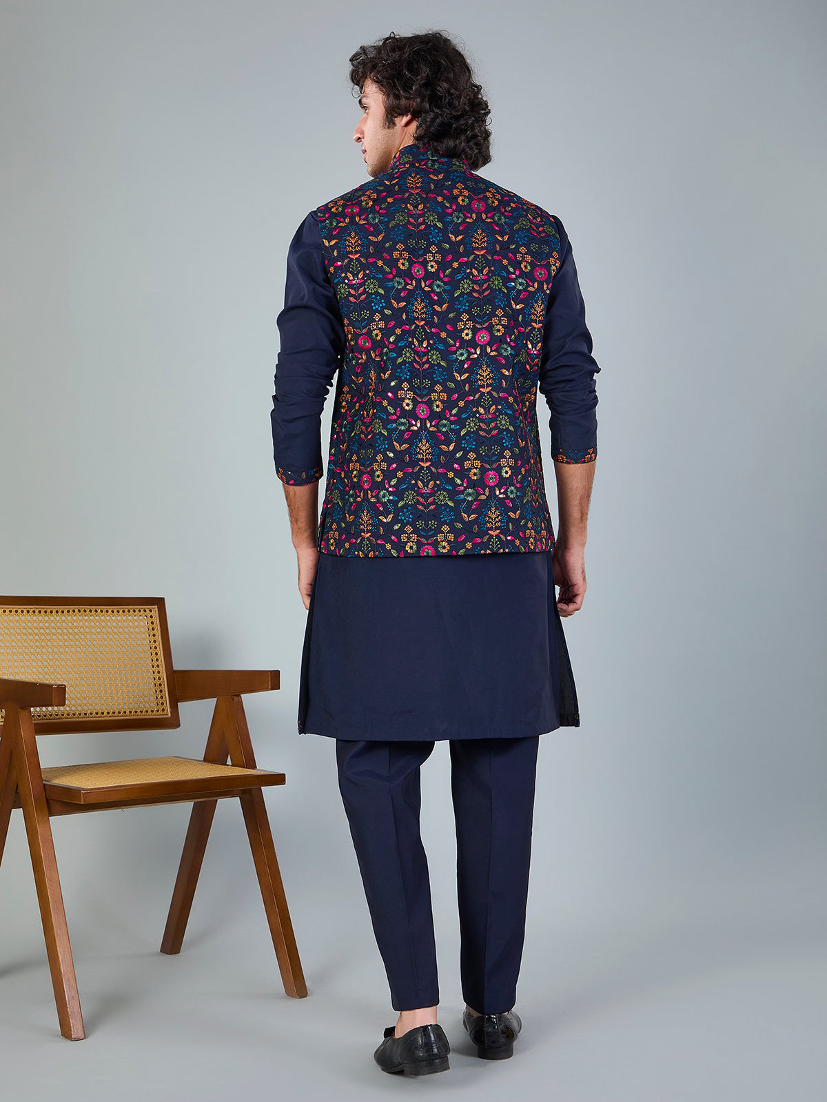 Navy blue silk embroidered work waistcoat set
