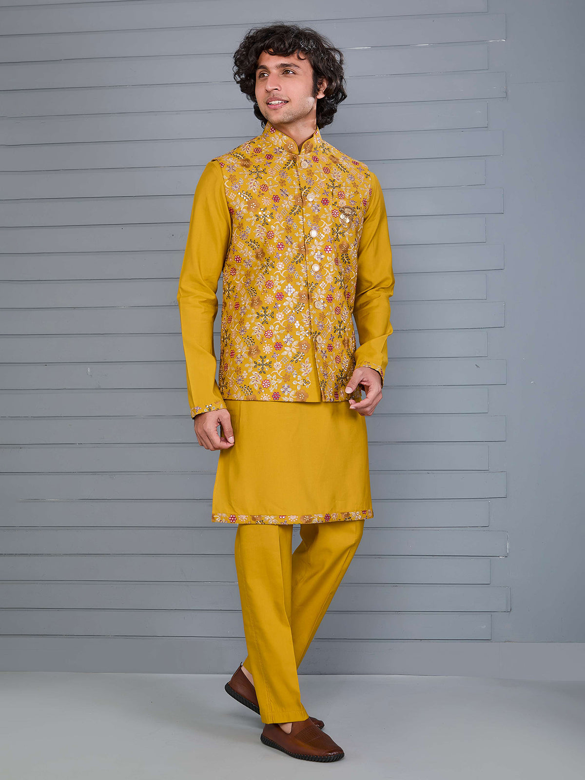 Mustard yellow silk festive waistcoat set