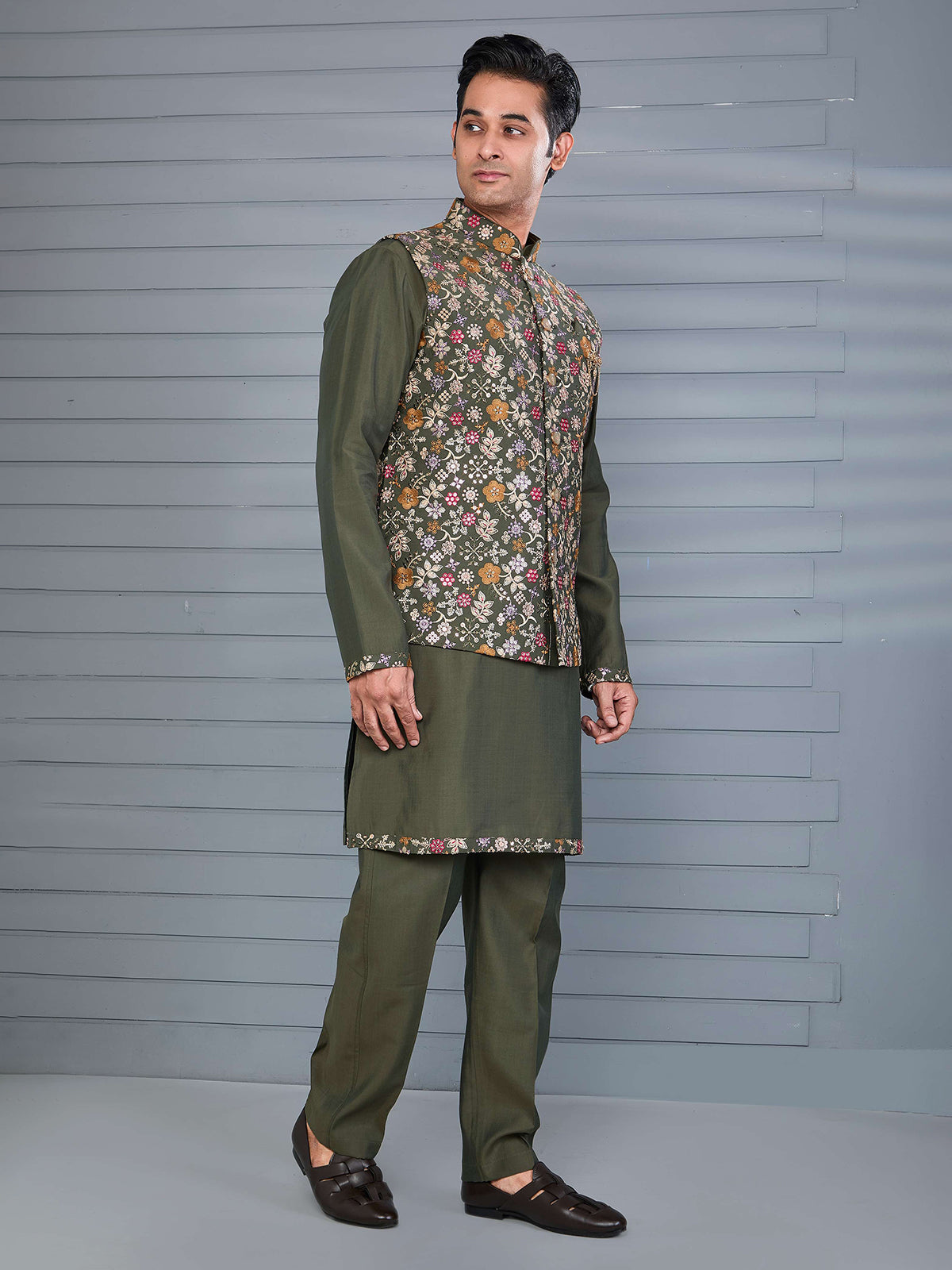 Mehendi green silk embroidered work waistcoat set