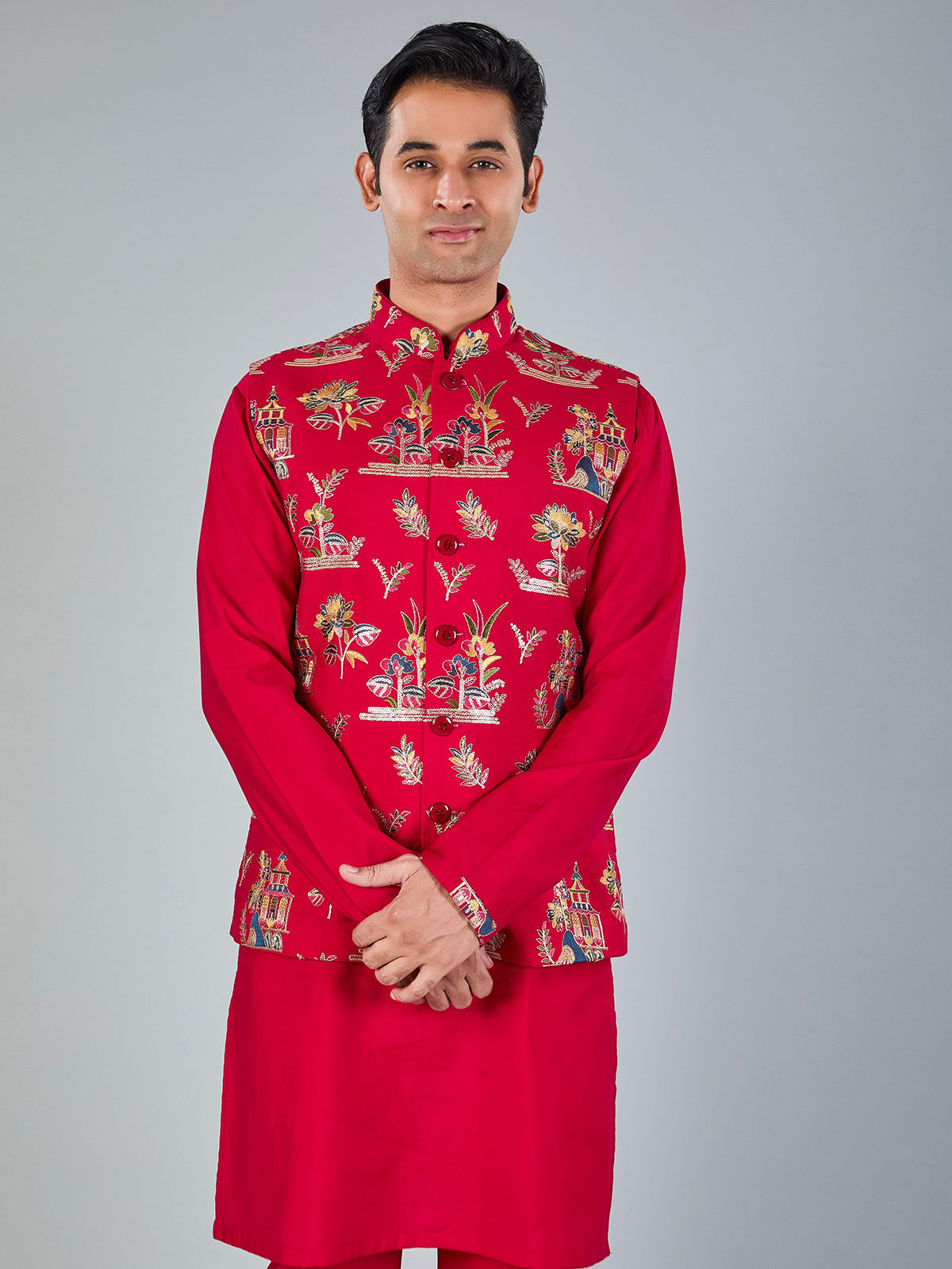 Magenta silk embroidered festive waistcoat set