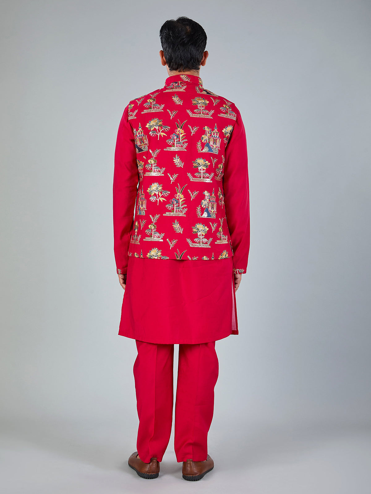Magenta silk embroidered festive waistcoat set