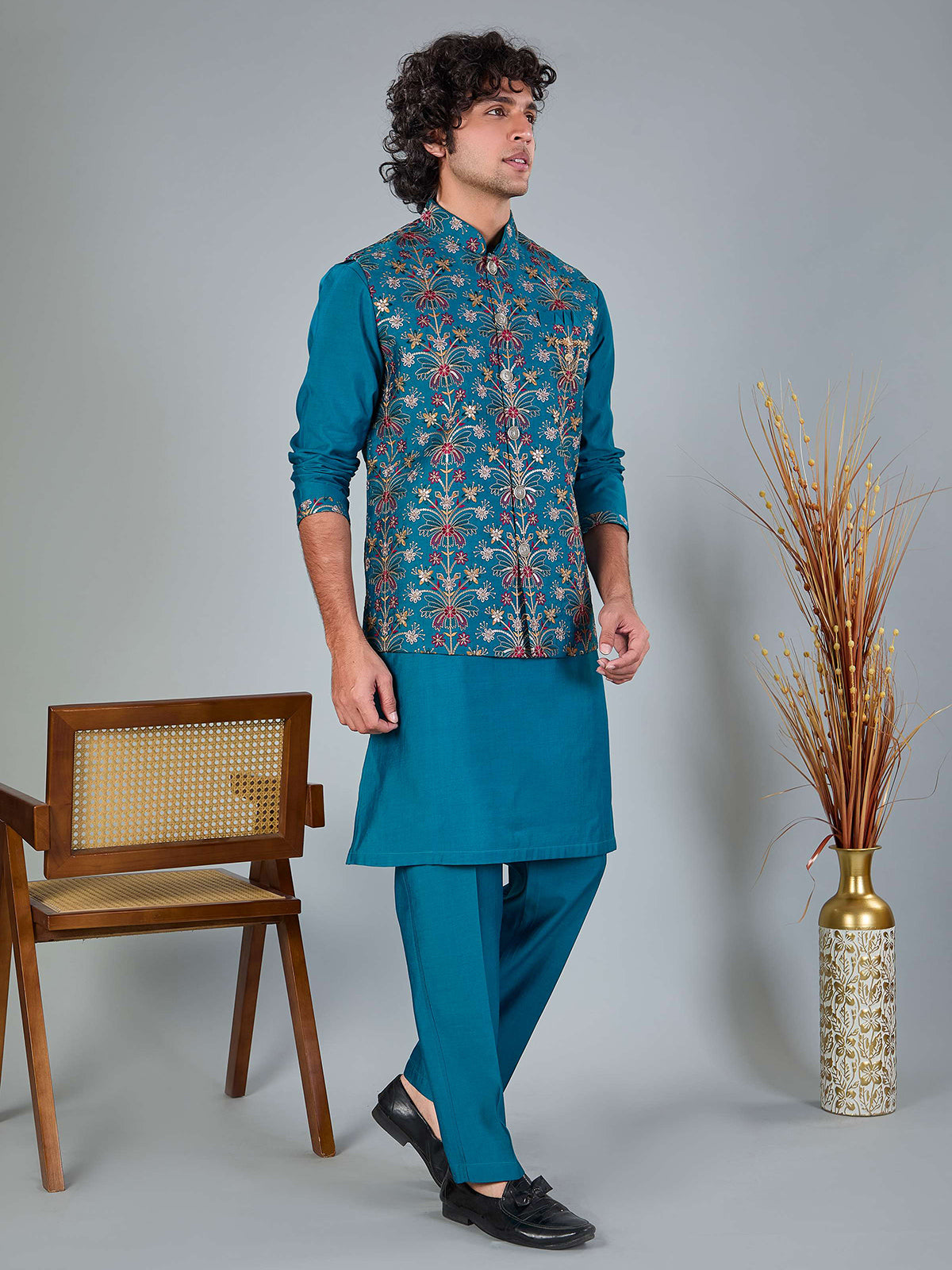 Blue silk embroidered work festive waistcoat set