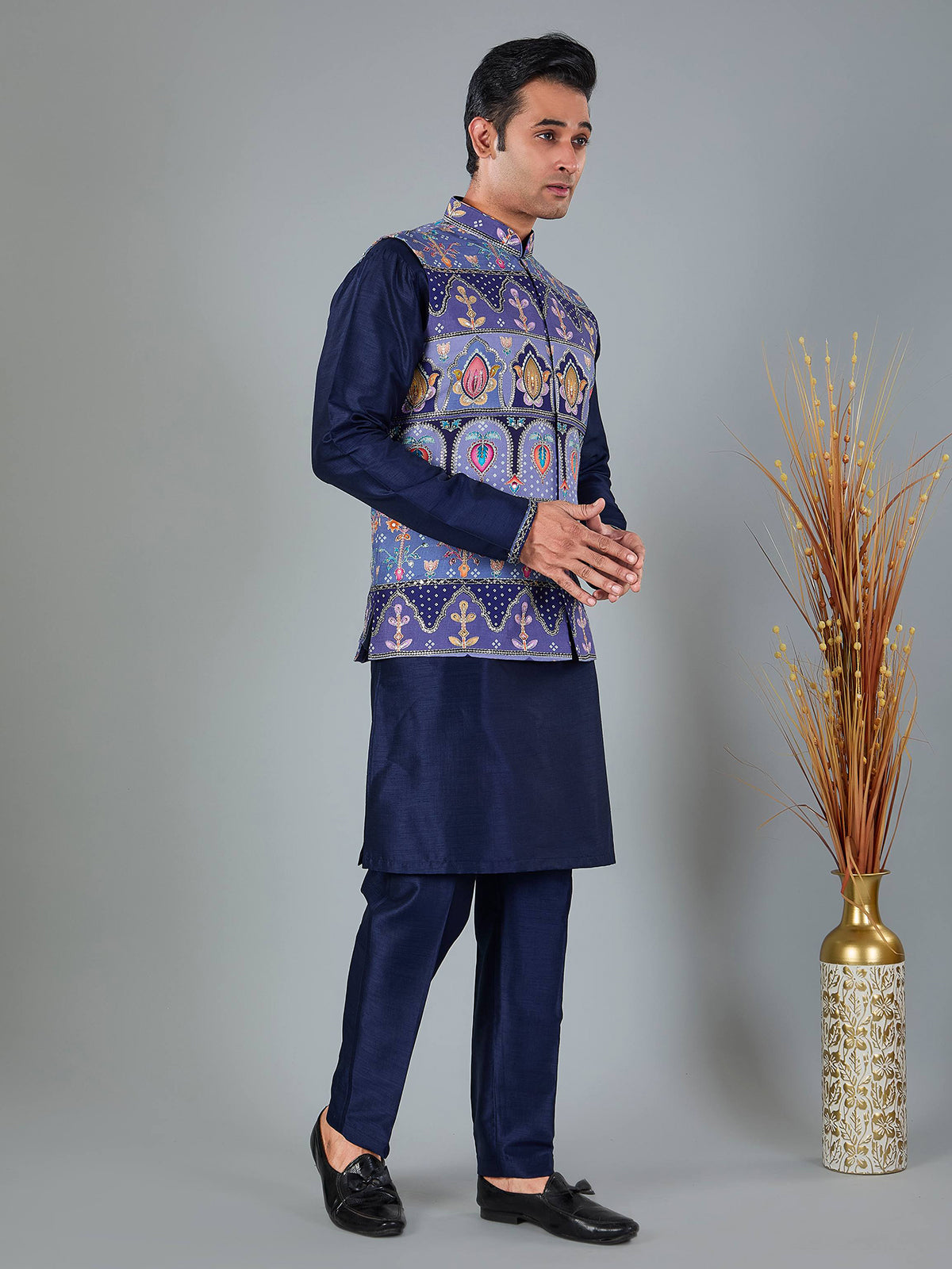 Navy blue printed silk and viscose waistcoat set
