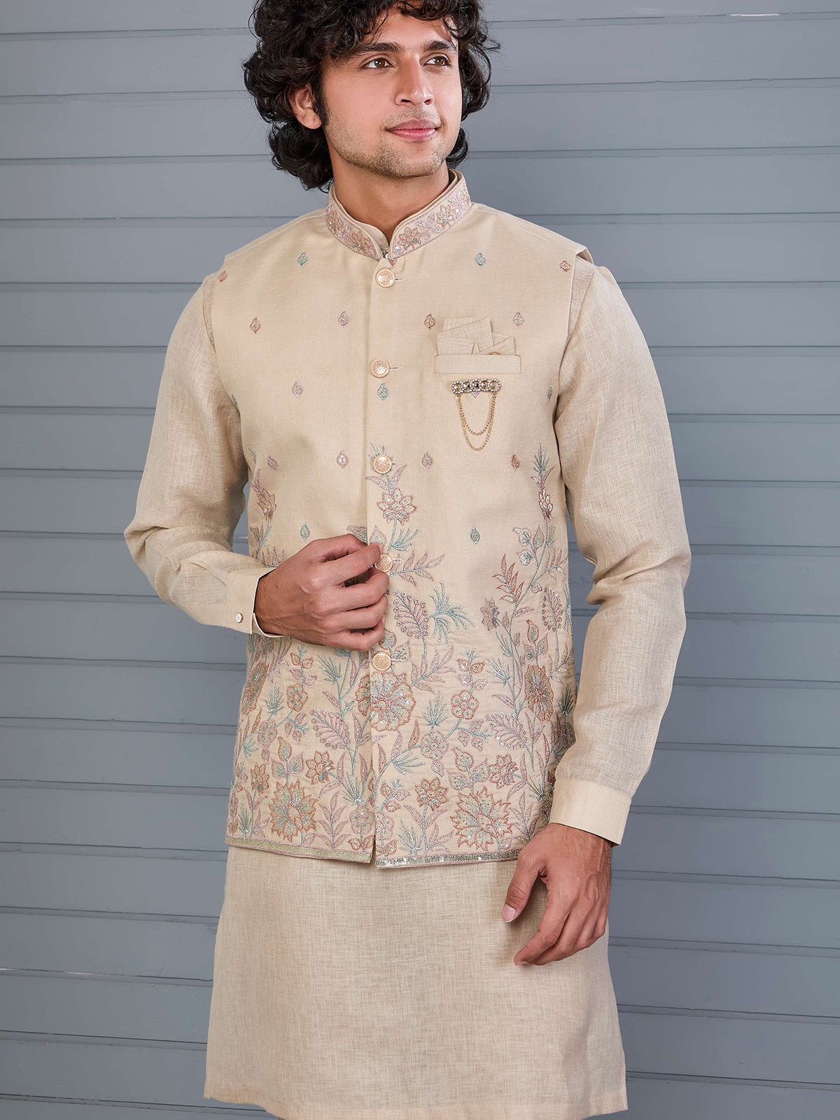 Beige silk embroidered wedding waistcoat set