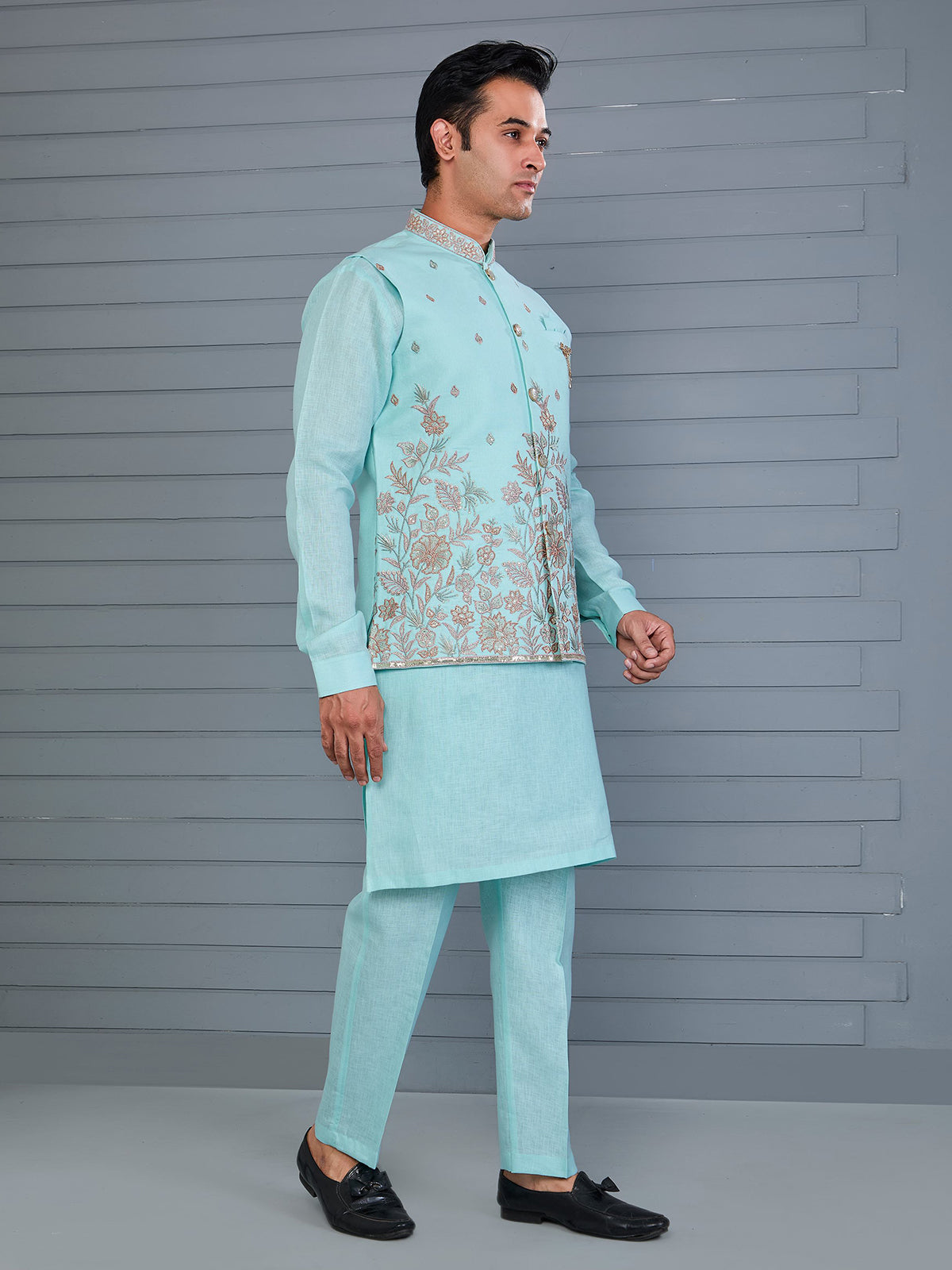 Mint blue linen embroidered work waistcoat set