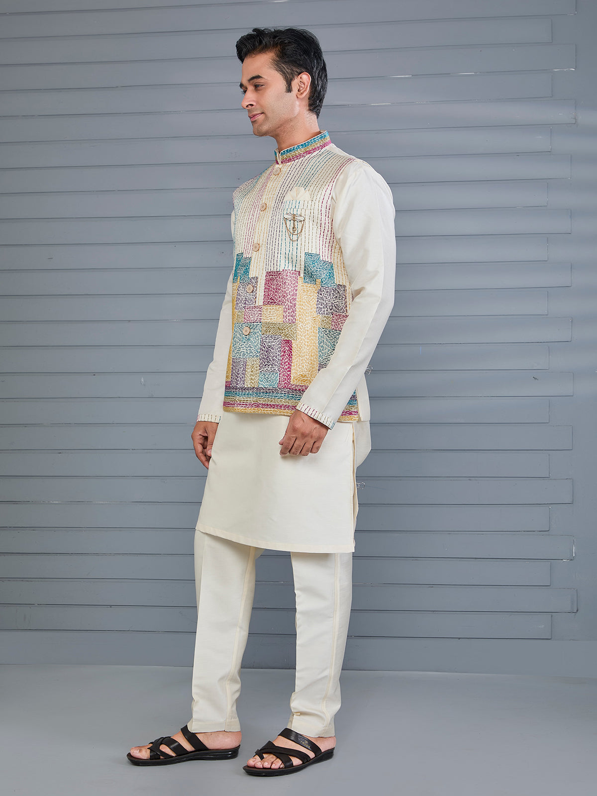 Cream silk thread work waistcoat set for wedding wear