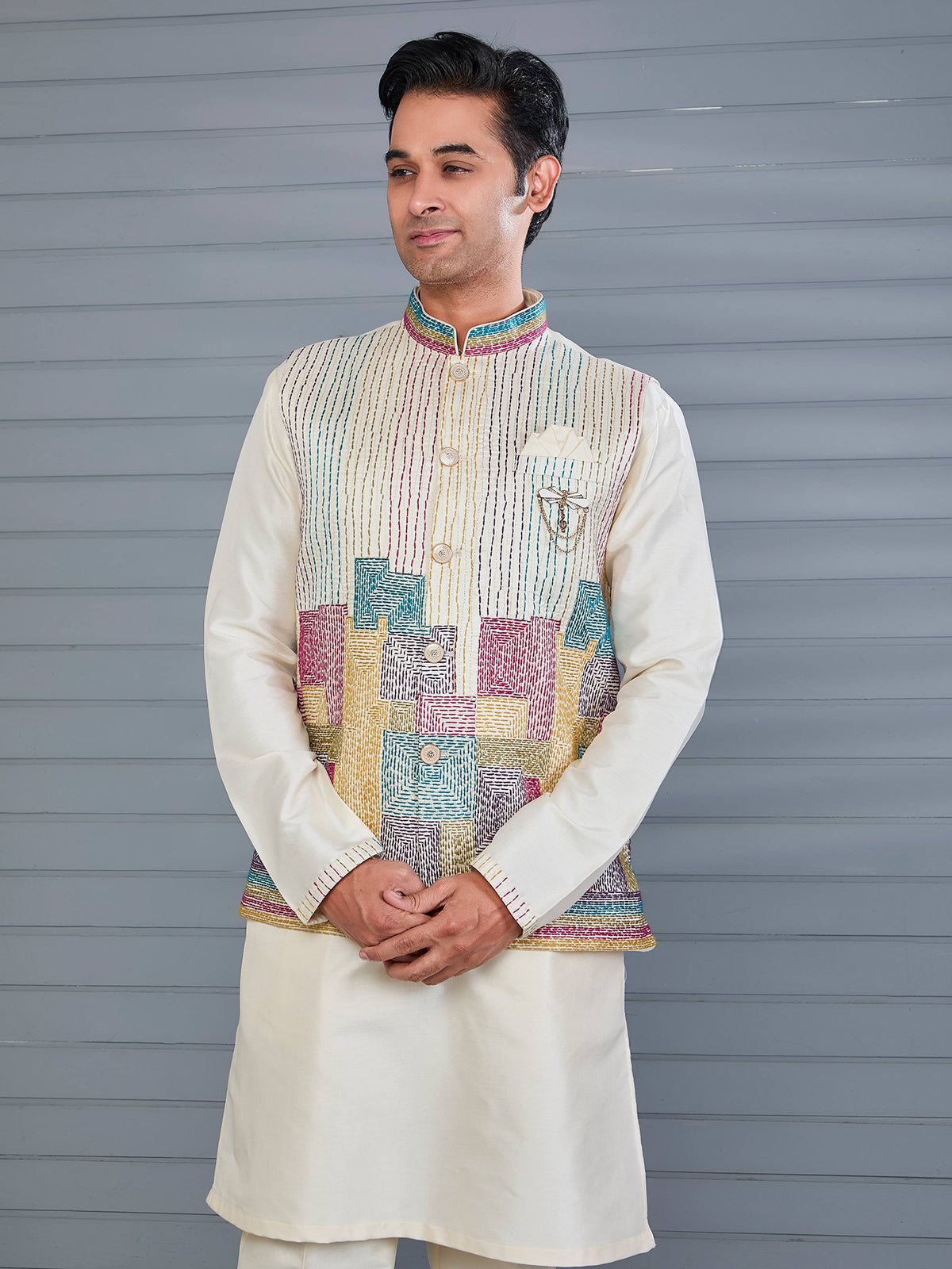 Cream silk thread work waistcoat set for wedding wear