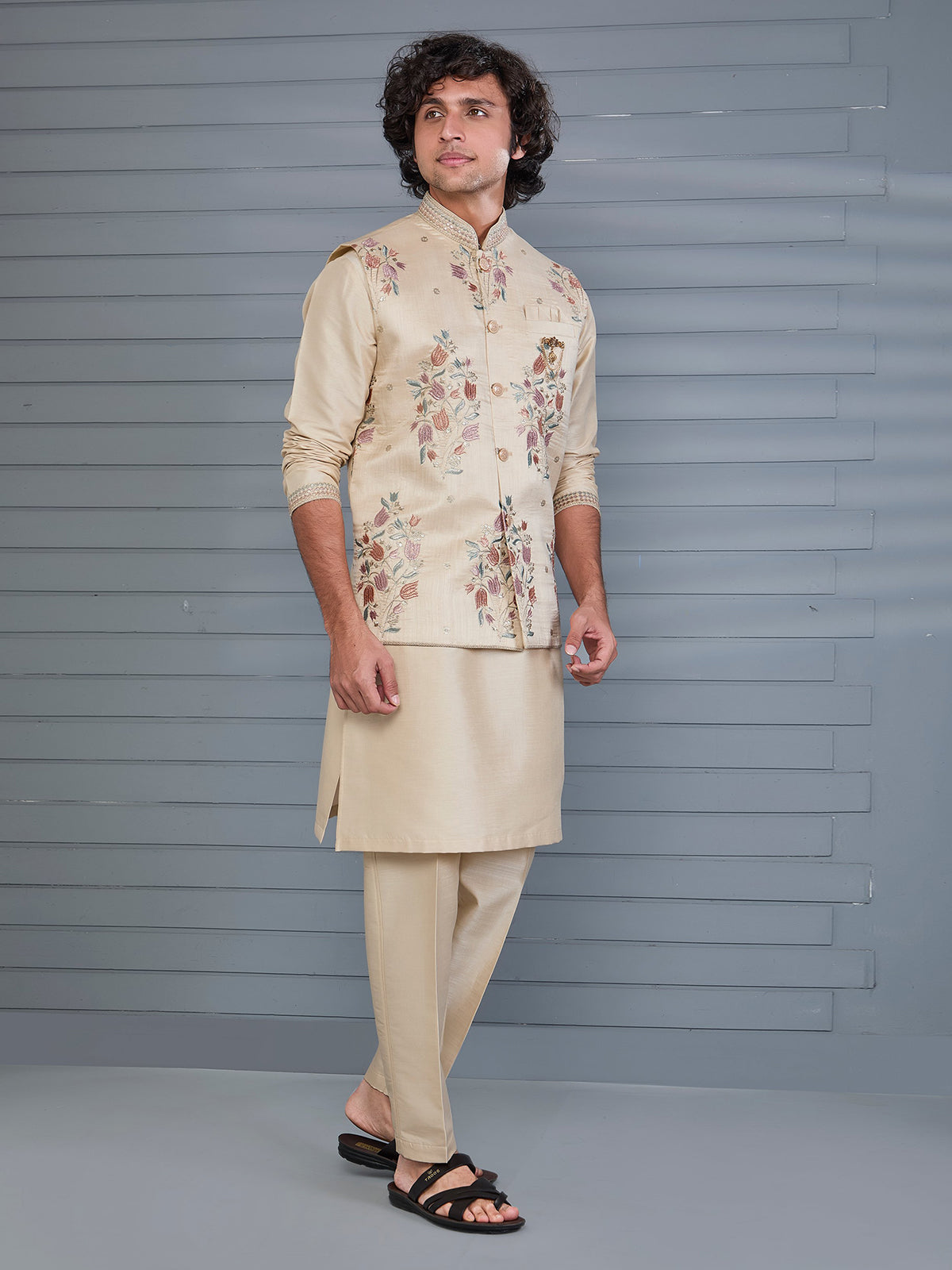 Beige silk embroidered festive waistcoat set