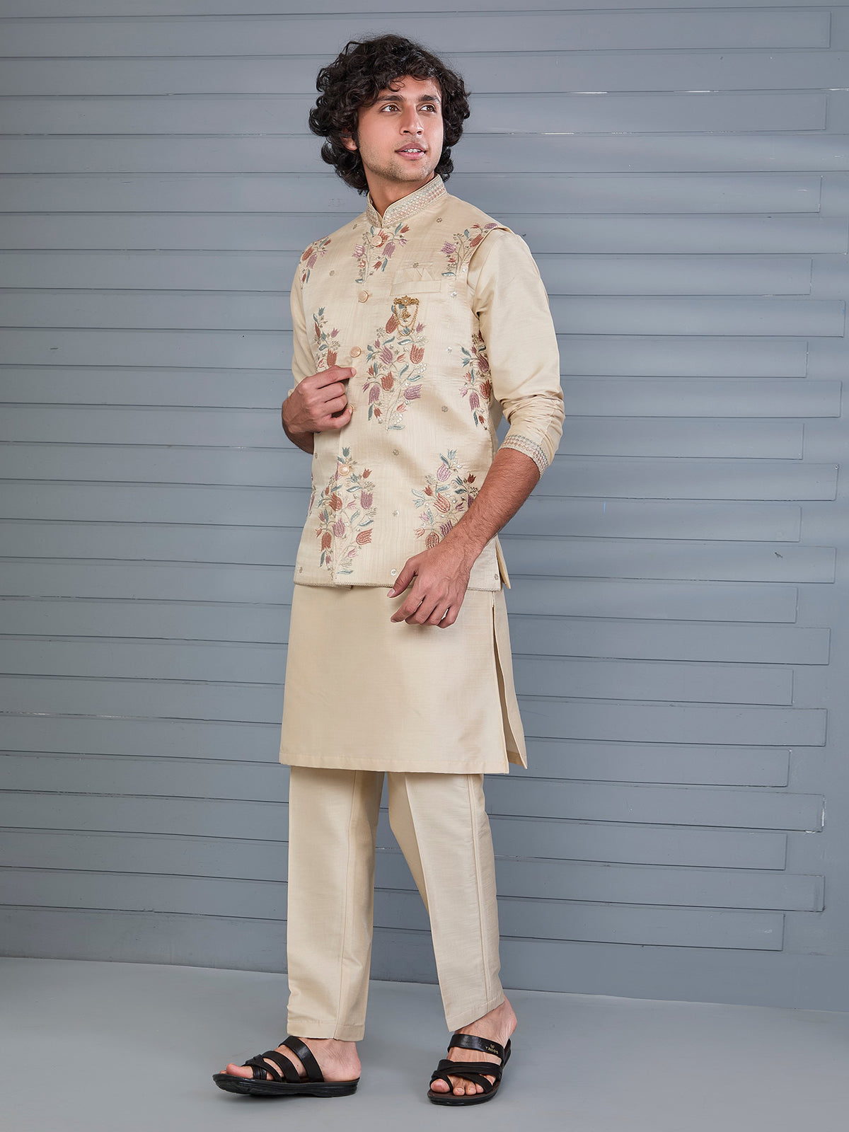 Beige silk embroidered festive waistcoat set
