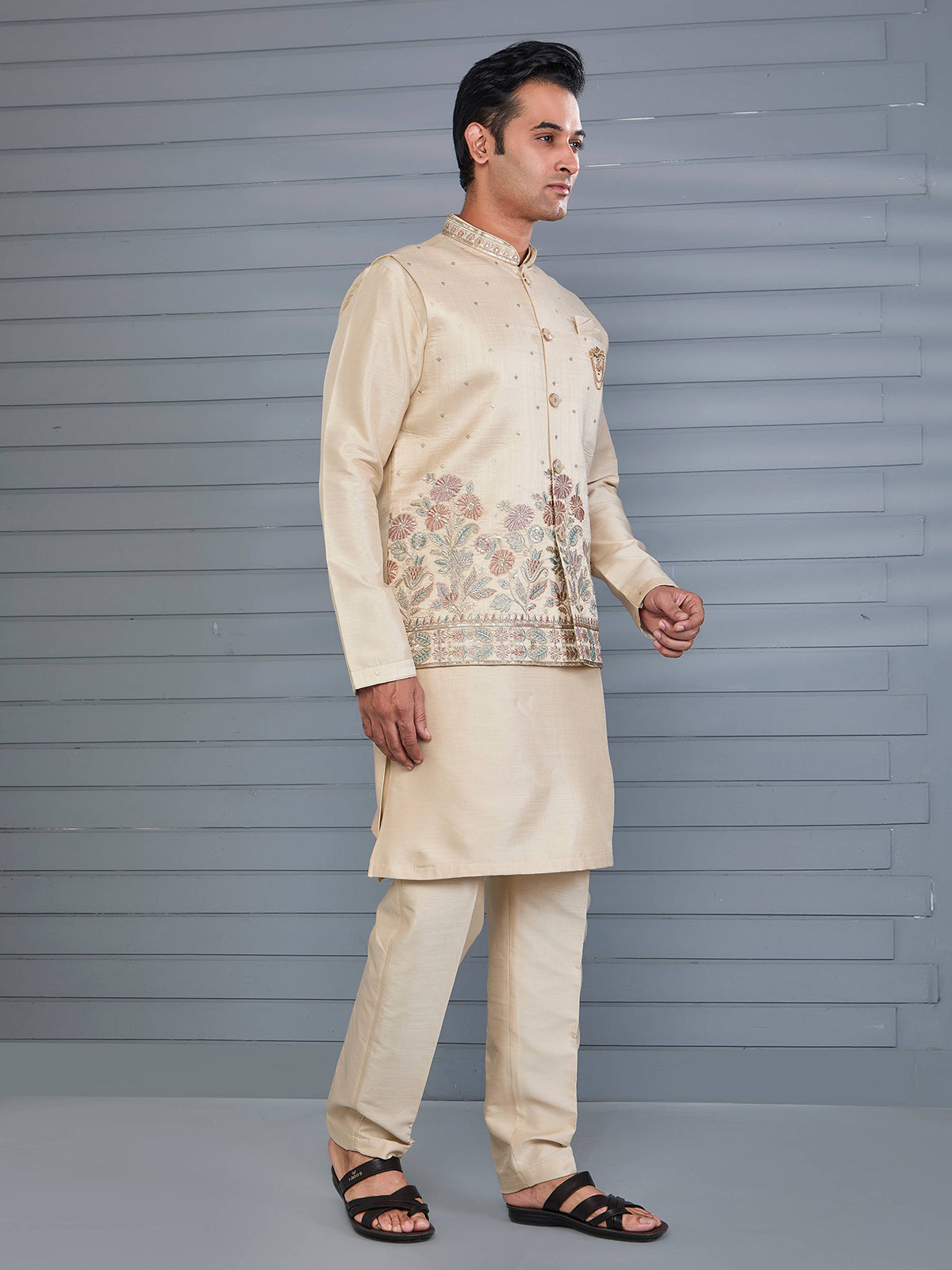 Classic beige silk wedding wear waistcoat set