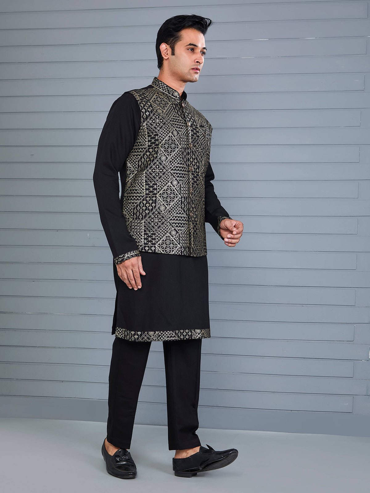 Black rayon cotton resham and sequin waistcoat set