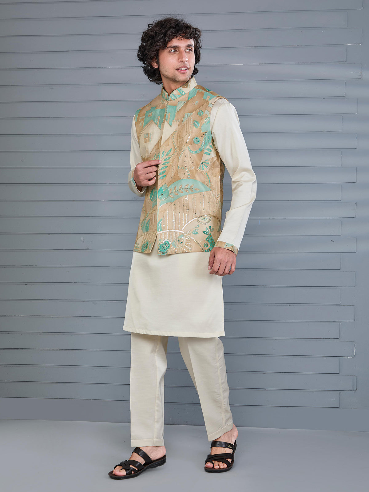 Beige printed viscose silk festive wear waistcoat set