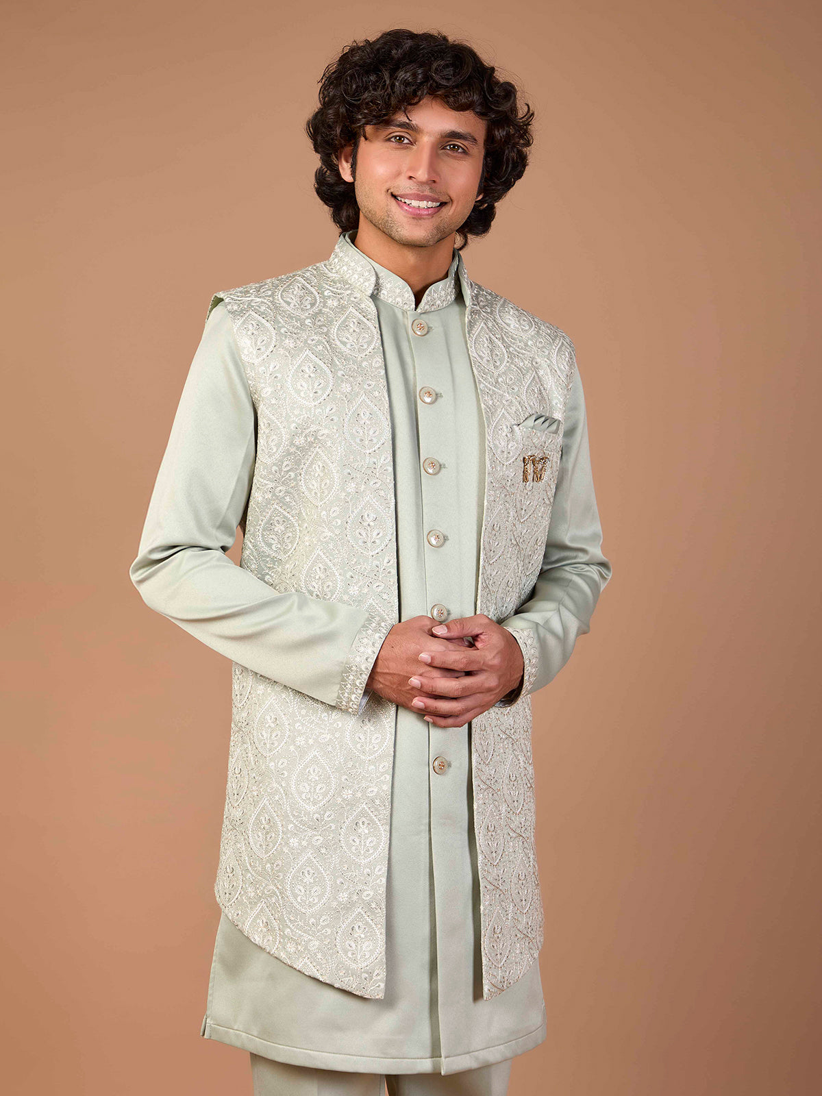 Pista green malai silk embroidered indowestern set ensemble