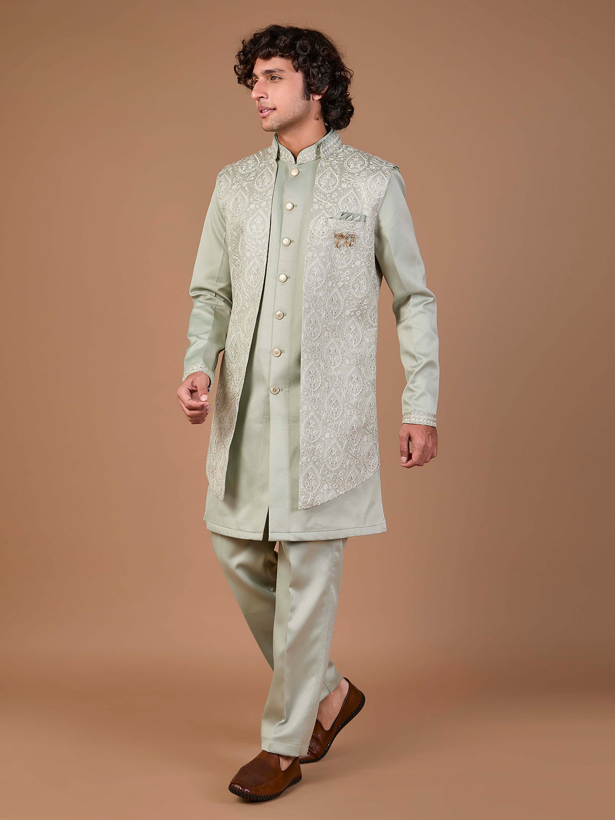 Pista green malai silk embroidered indowestern set ensemble