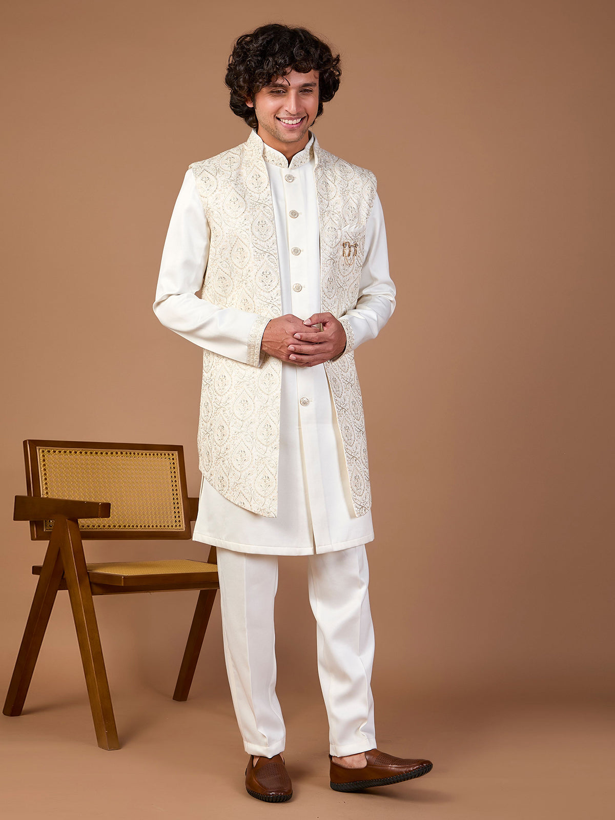 Cream malai silk jacket style embroidered indowestern set