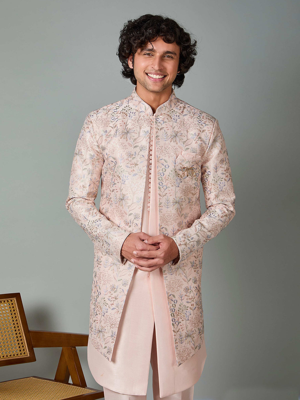 Light pink silk embroidered indowestern pant set