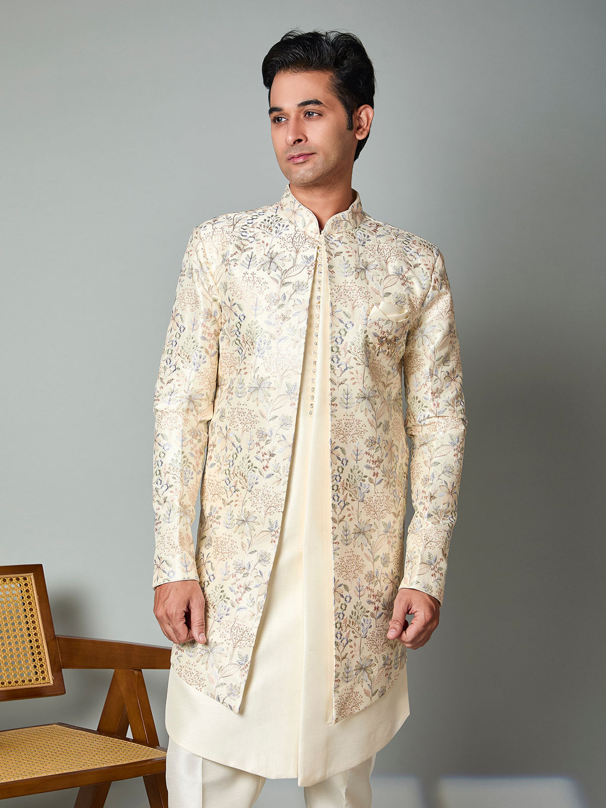 Cream silk indowestern set with embroidered brooch