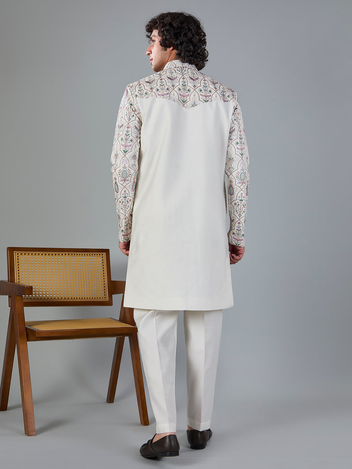 Off white silk embroidered indowestern jacket set