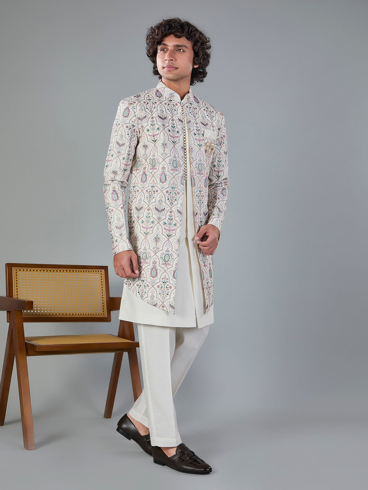 Off white silk embroidered indowestern jacket set