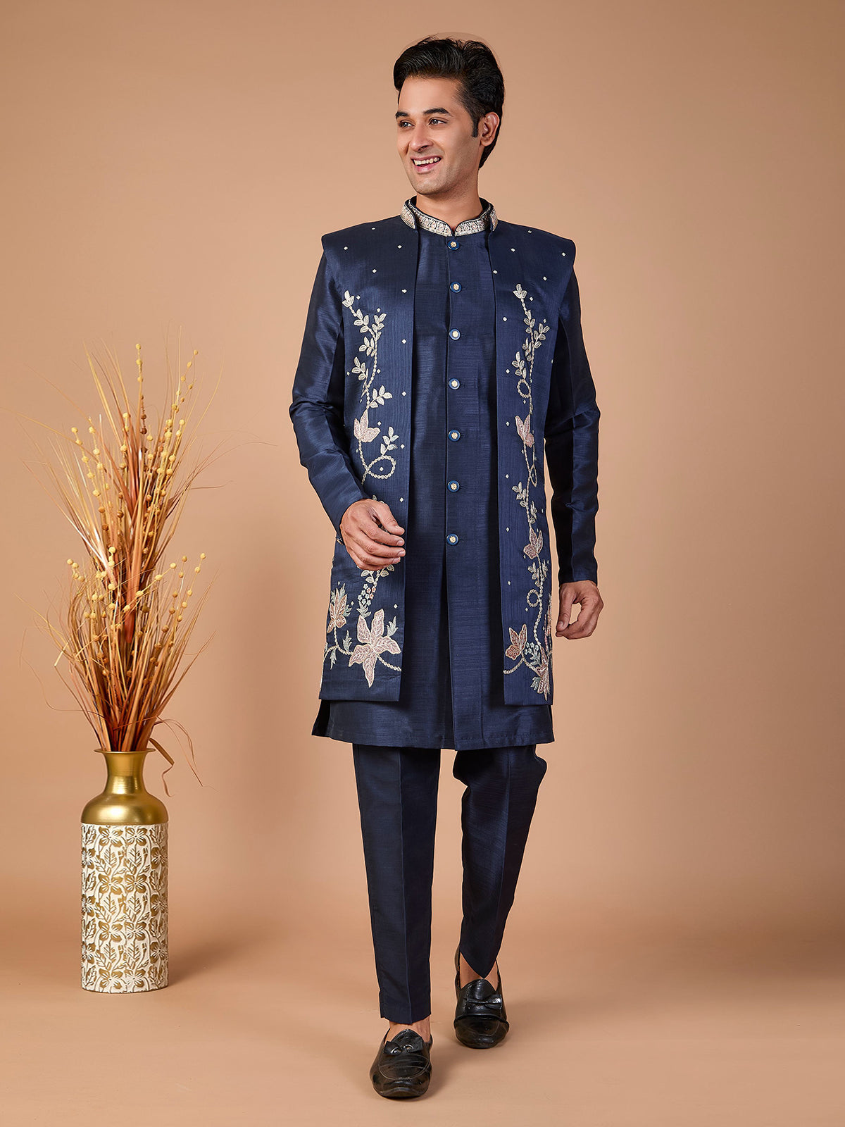 Navy silk embroidered jacket style indowestern set for men
