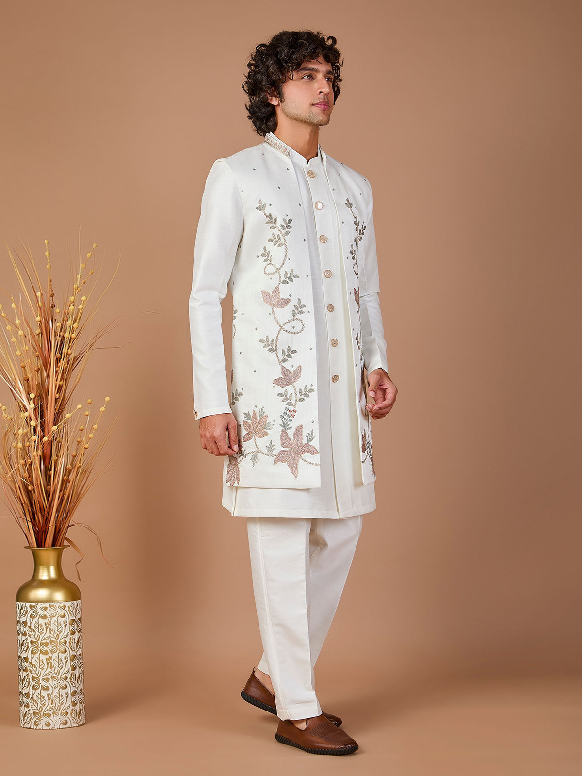 Off white silk jacket style indowestern set