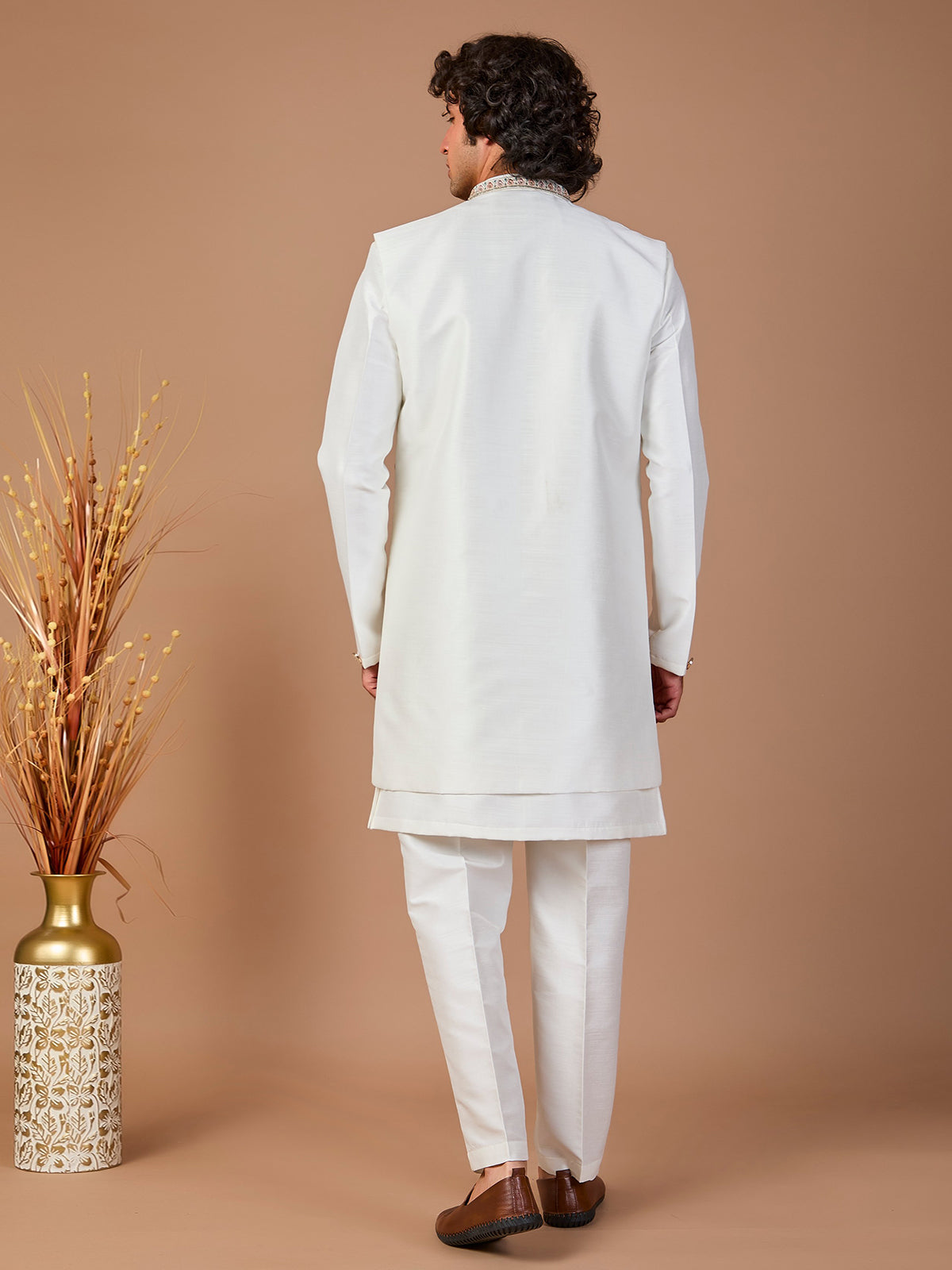 Off white silk jacket style indowestern set