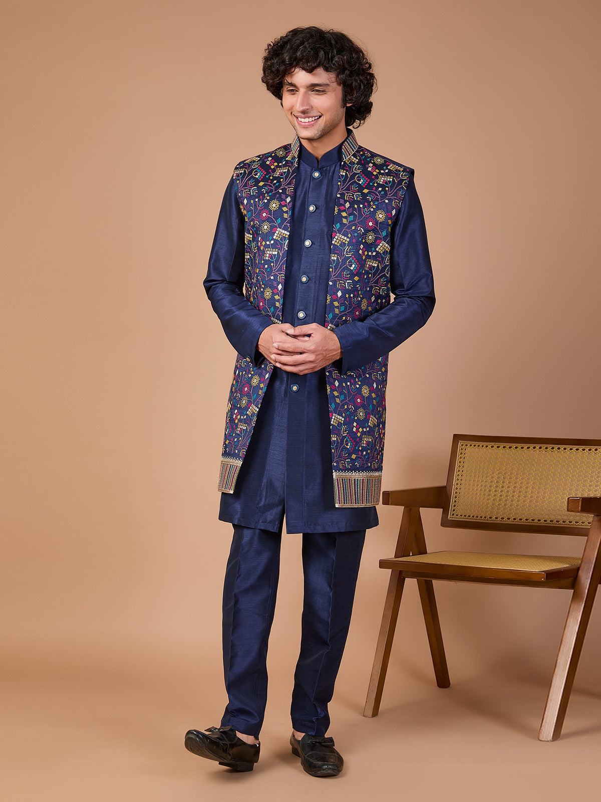 Navy silk jacket style embroidered indowestern set
