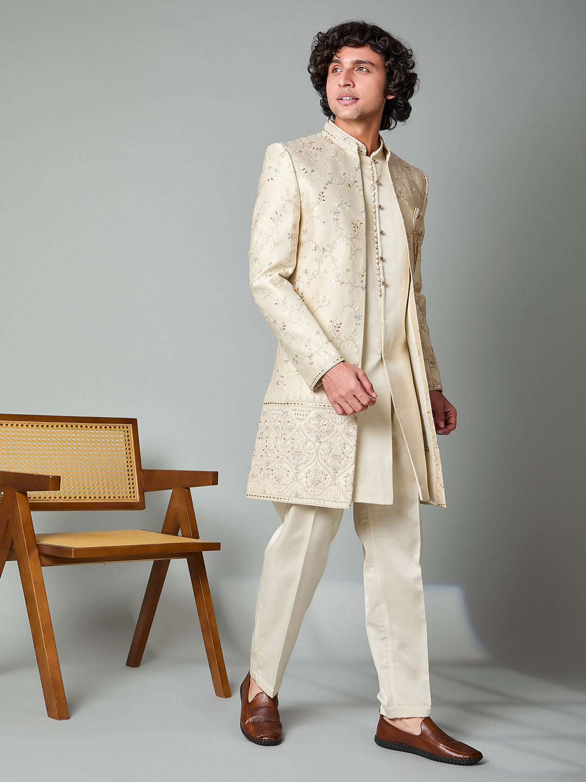Beige silk embroidered indowestern set with brooch