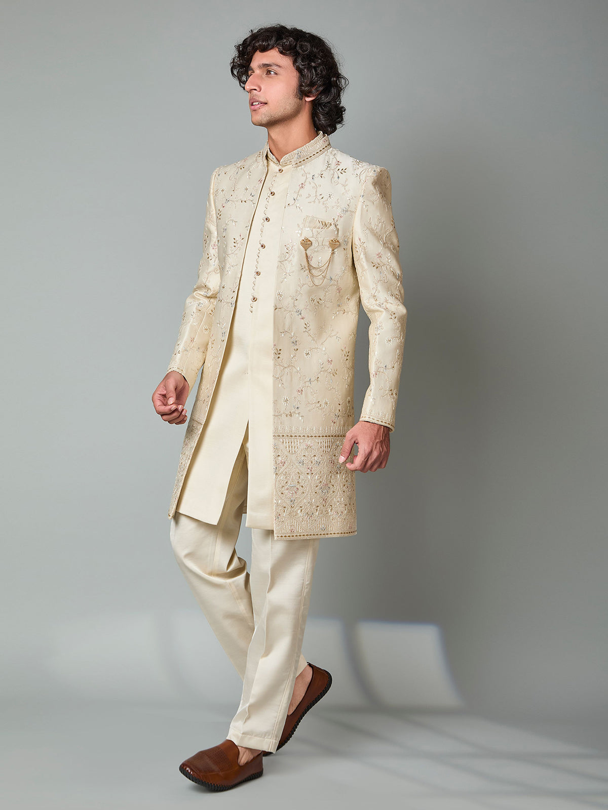 Beige silk embroidered indowestern set with brooch