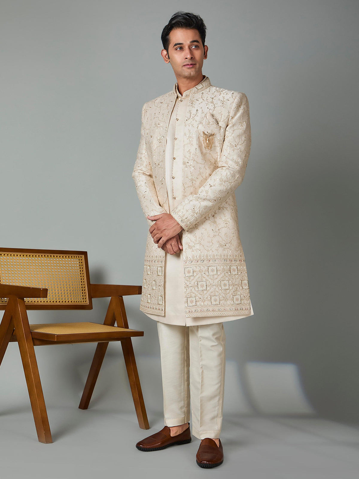 Cream satin silk indowestern set with brooch