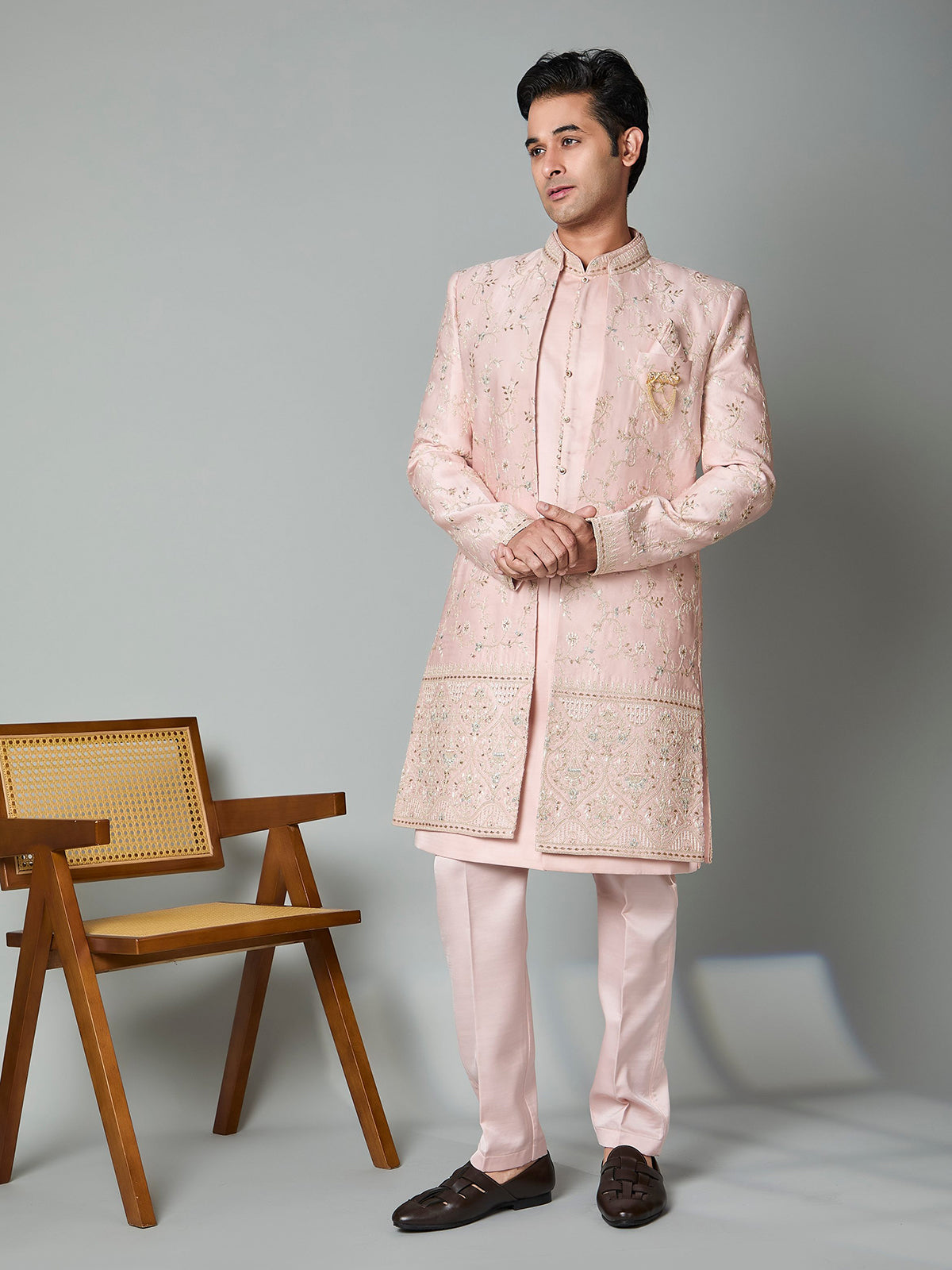 Light pink satin silk embroidered work indowestern set
