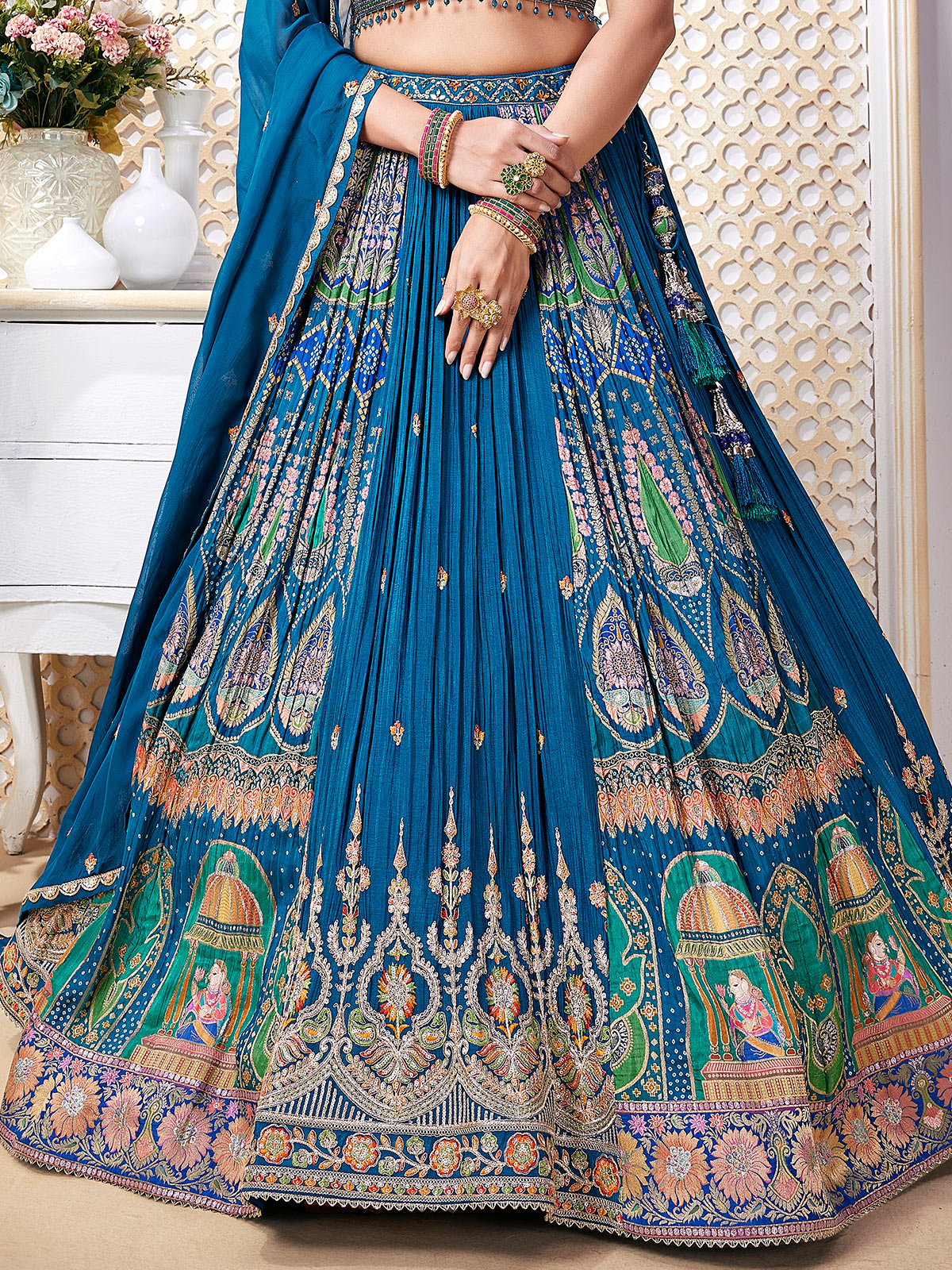 Blue colorful motif wedding wear lehenga choli
