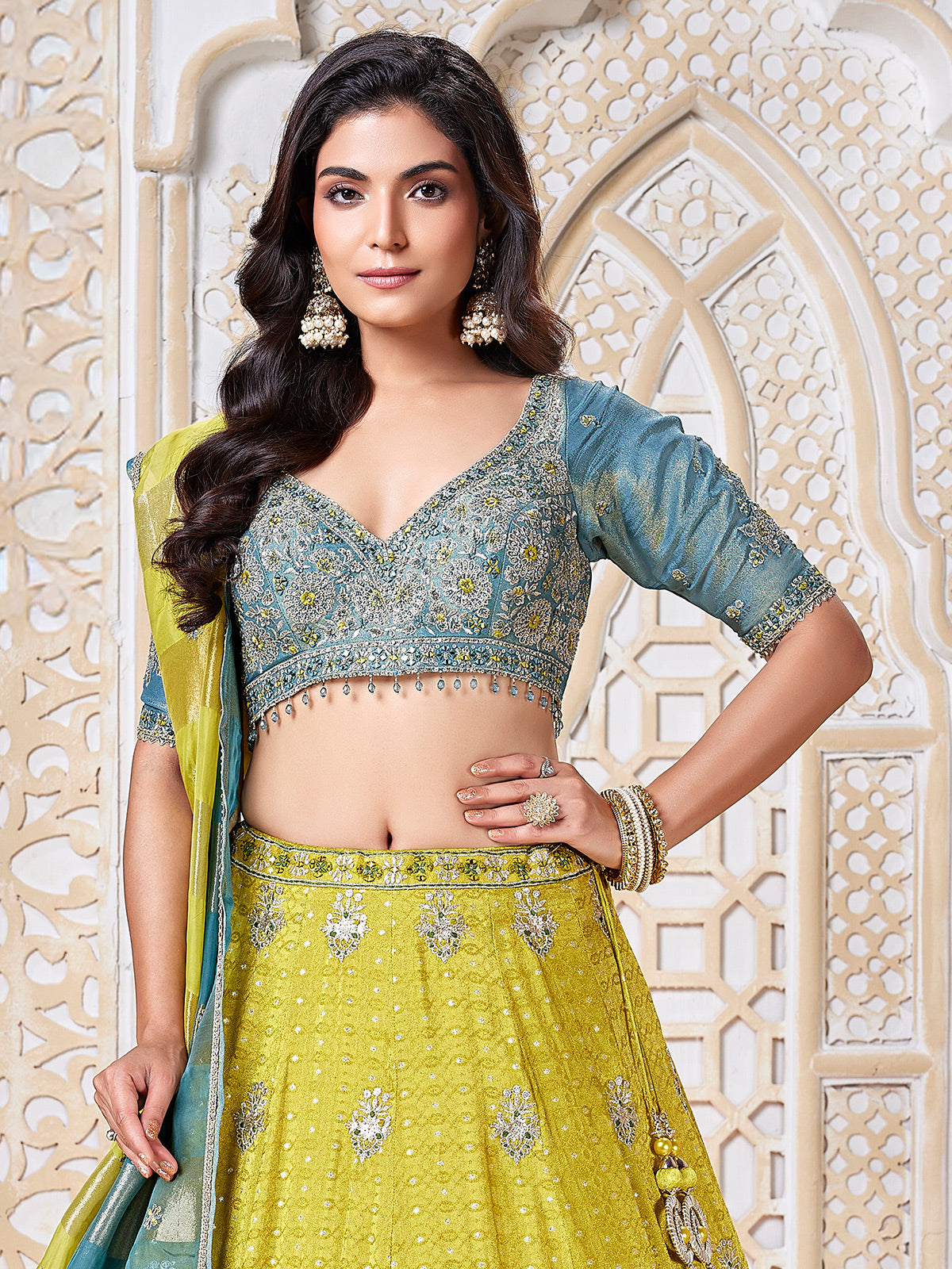 Lemon yellow zari embellished lehenga choli