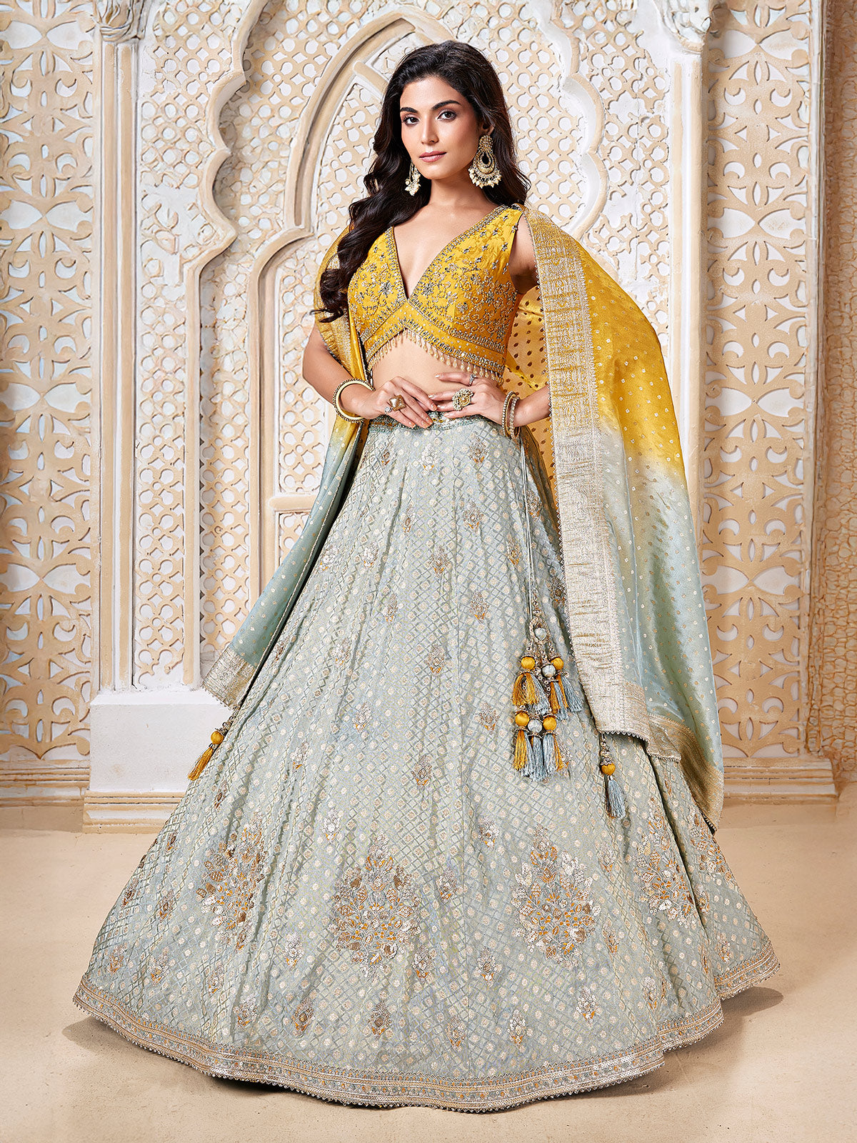 Mint blue zari work silk lehenga choli