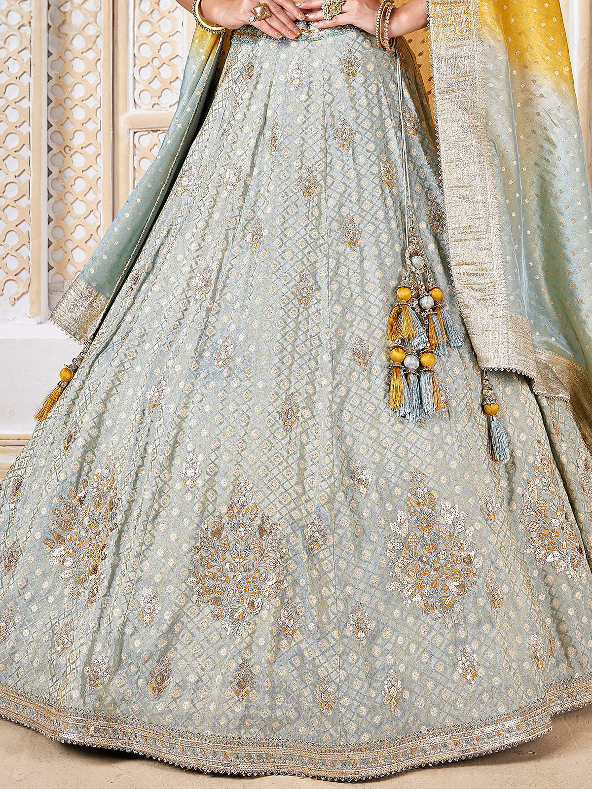 Mint blue zari work silk lehenga choli