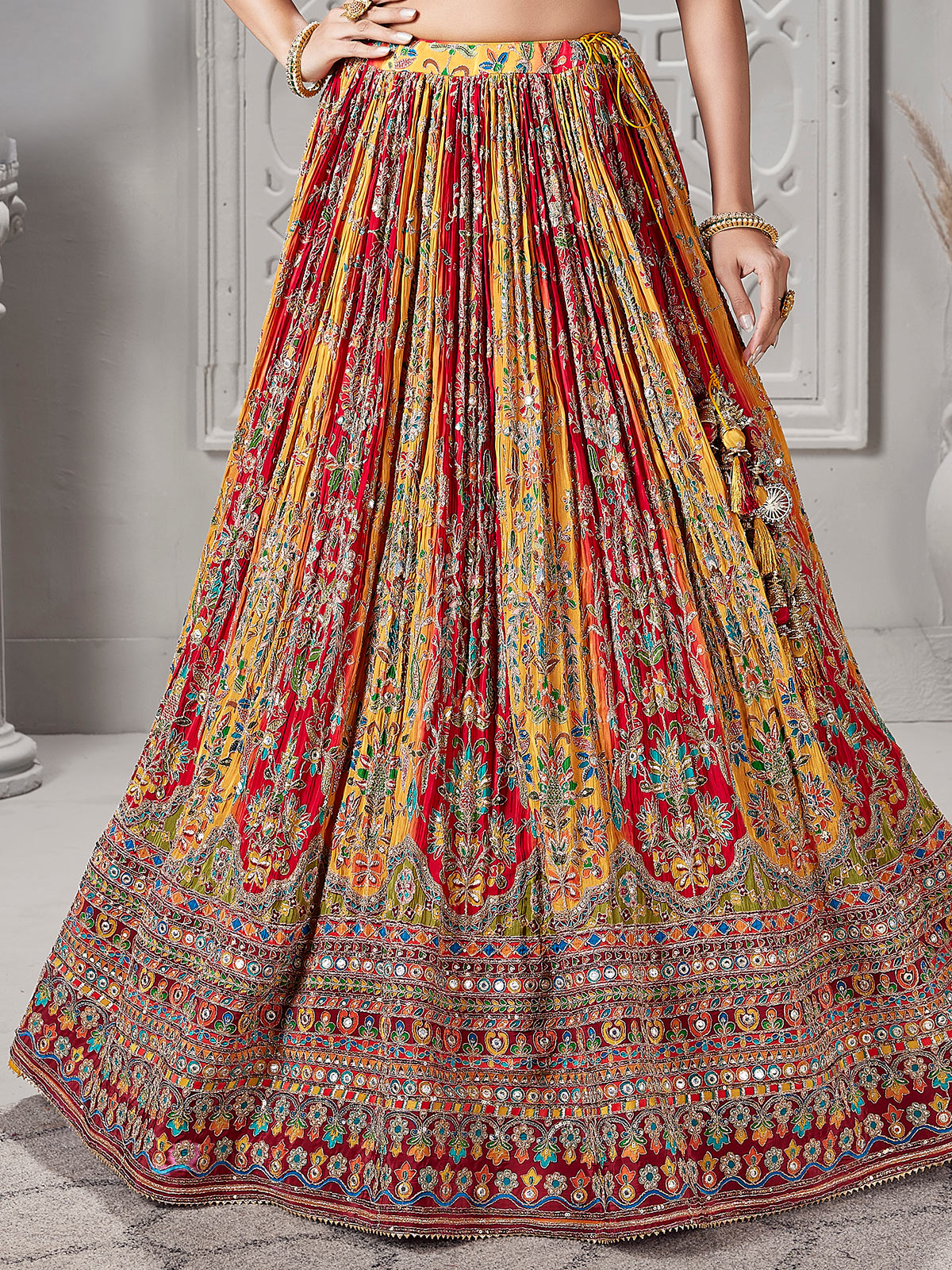 Yellow and red printed gota work lehenga choli