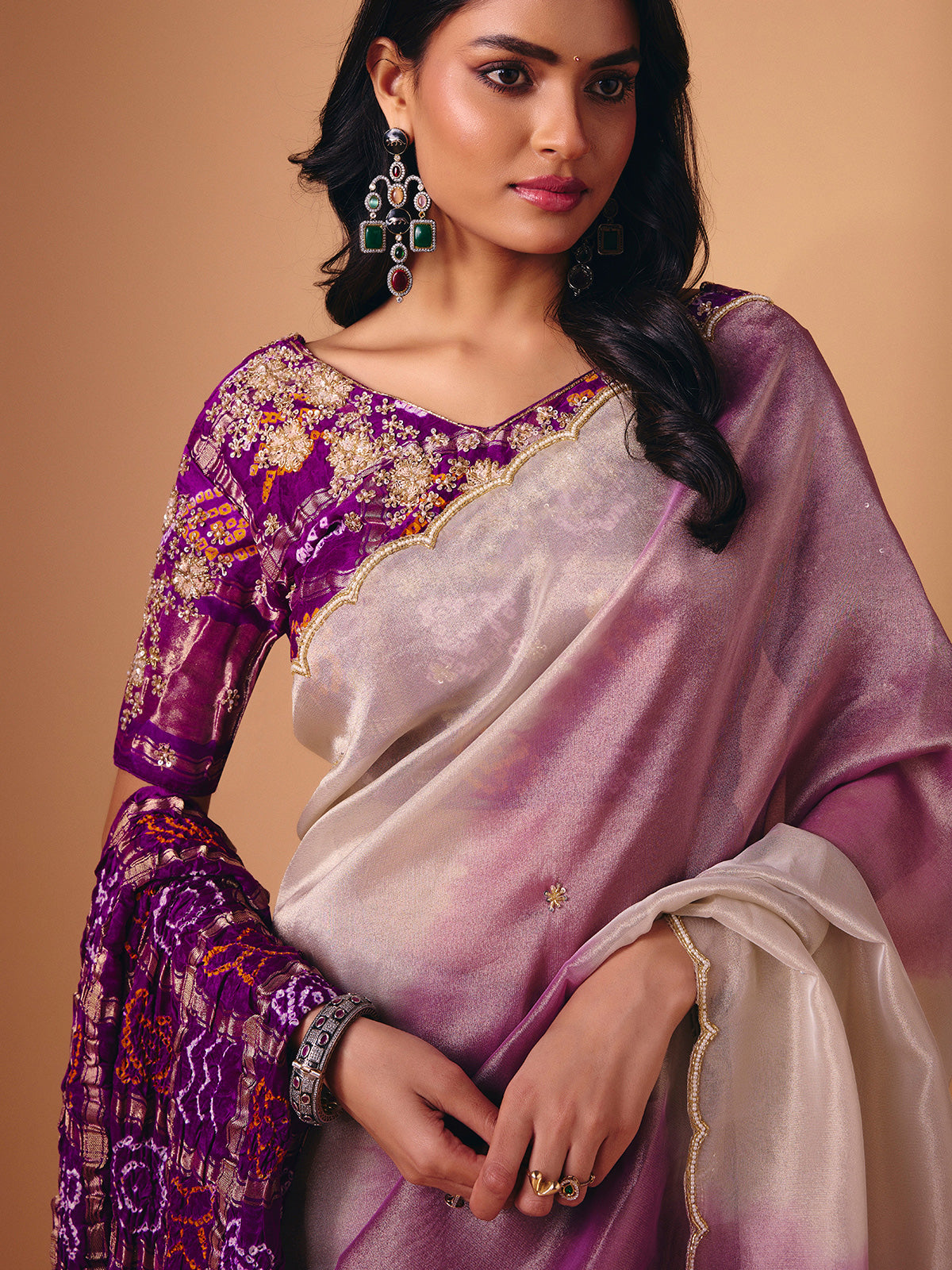 Purple off white shaded tissue saree