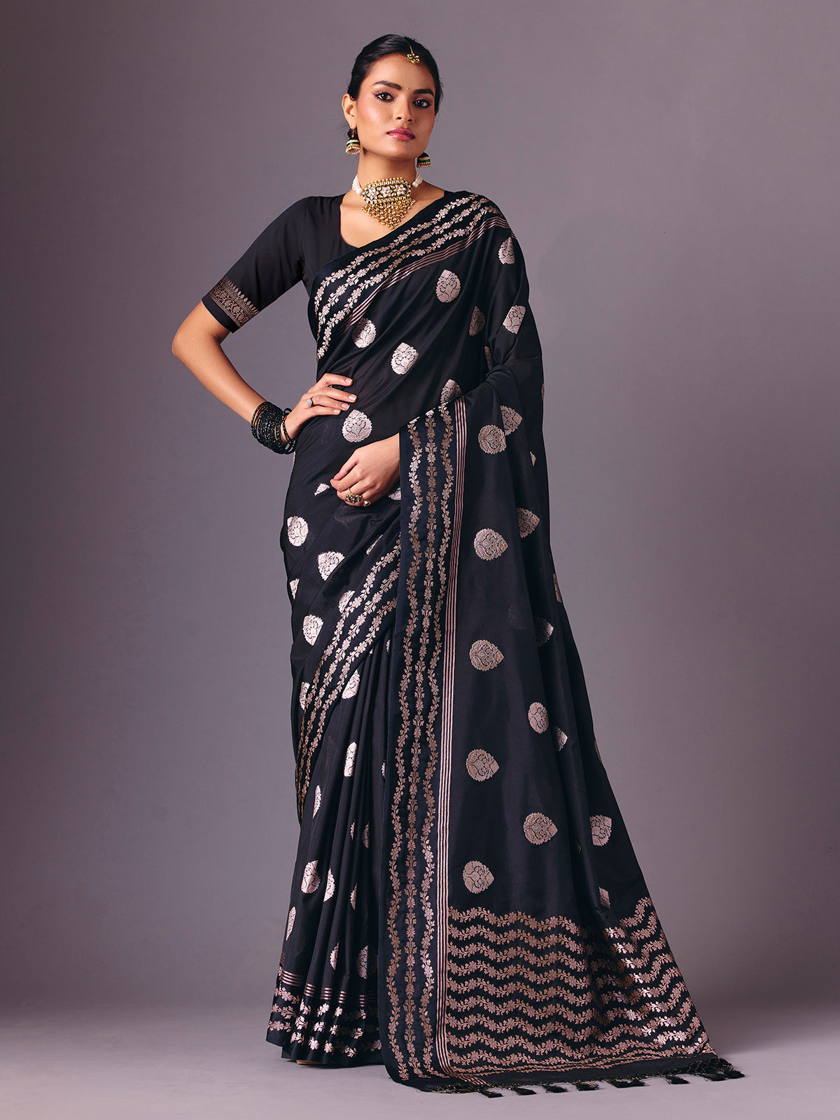 Black semi silk zari butti work saree