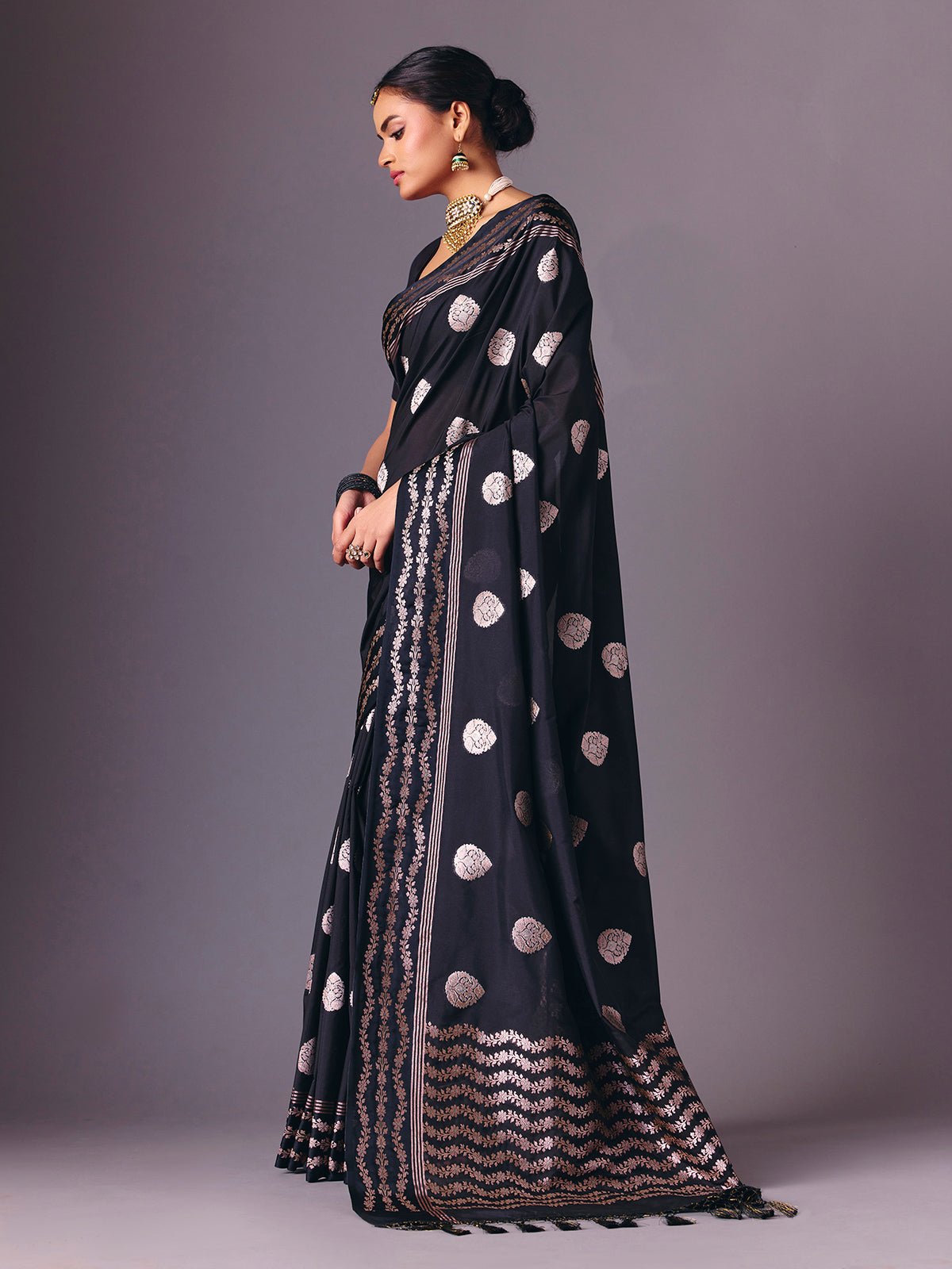 Black semi silk zari butti work saree
