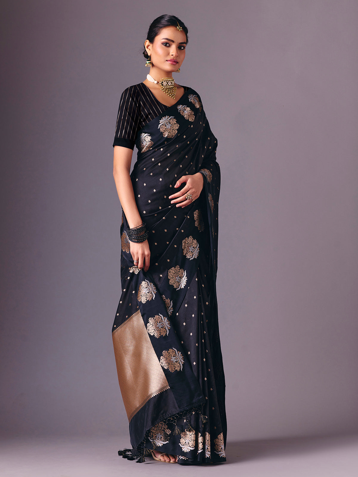 Black zari butti semi silk saree