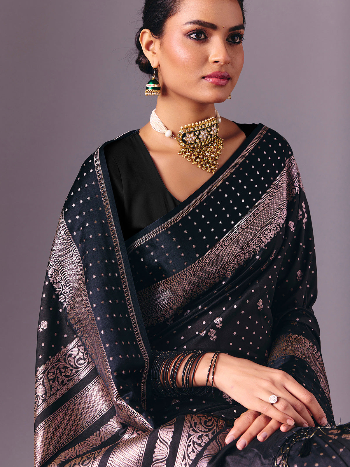 Black semi silk zari work saree